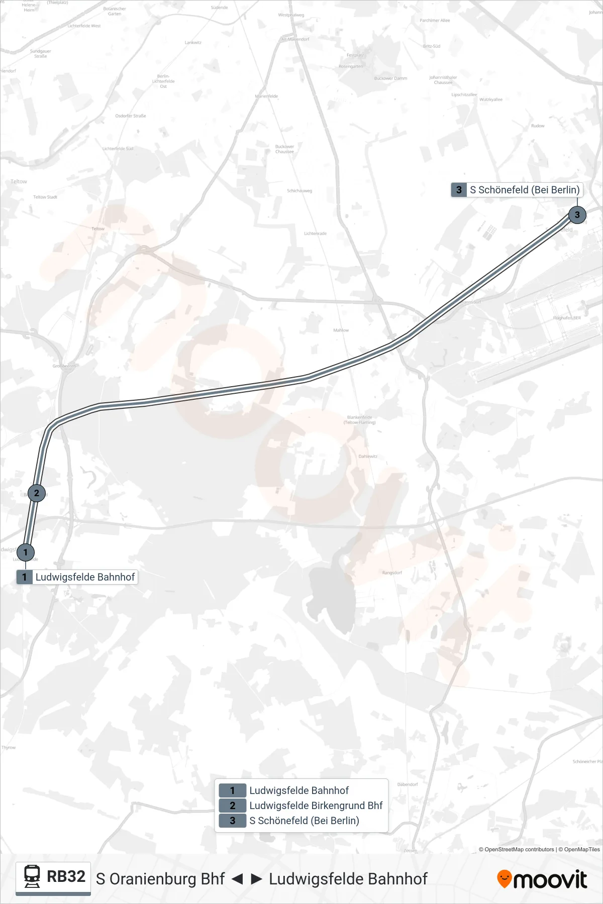 Linie RB32 (Bahn) Richtung S Schönefeld (Bei Berlin): Route und Haltestellen auf der Karte