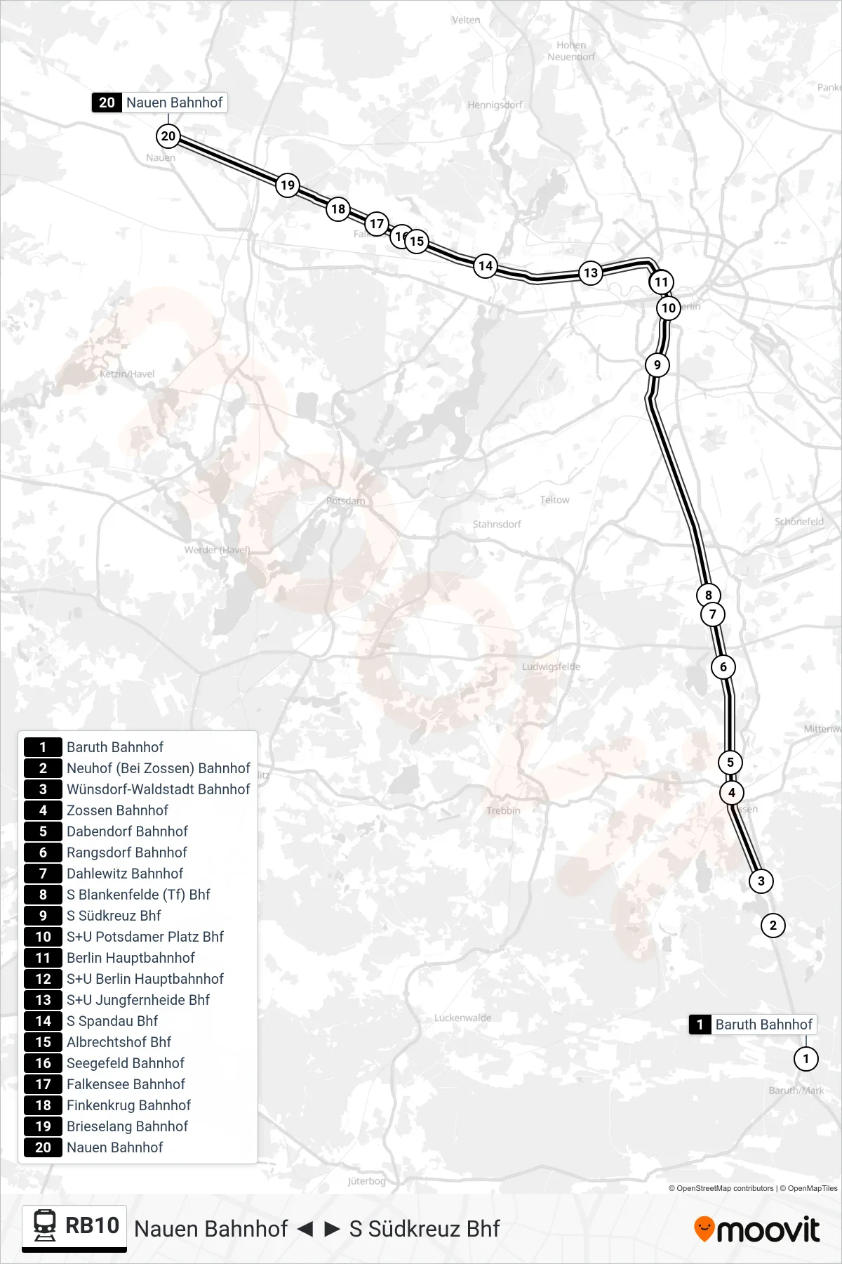 RB10 train Line (Nauen Bahnhof) route and stops on a map