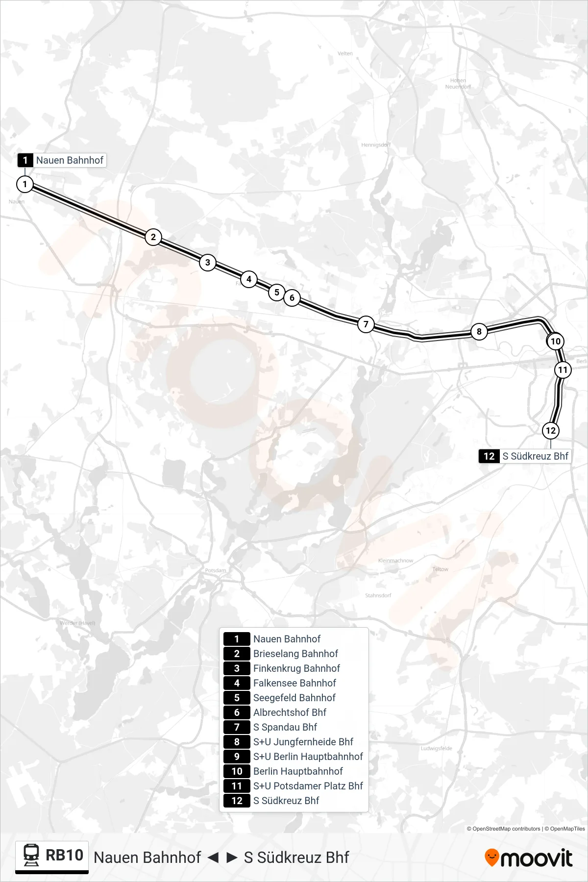 Linie RB10 (Bahn) Richtung S Südkreuz Bhf: Route und Haltestellen auf der Karte