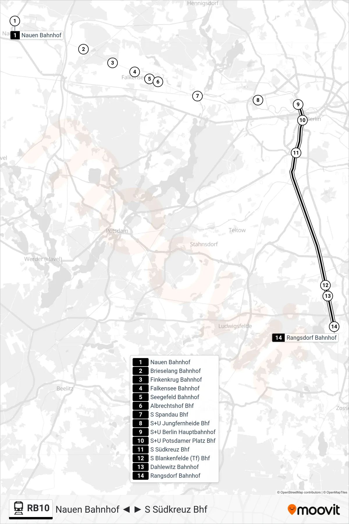 Linie RB10 (Bahn) Richtung Rangsdorf Bahnhof: Route und Haltestellen auf der Karte
