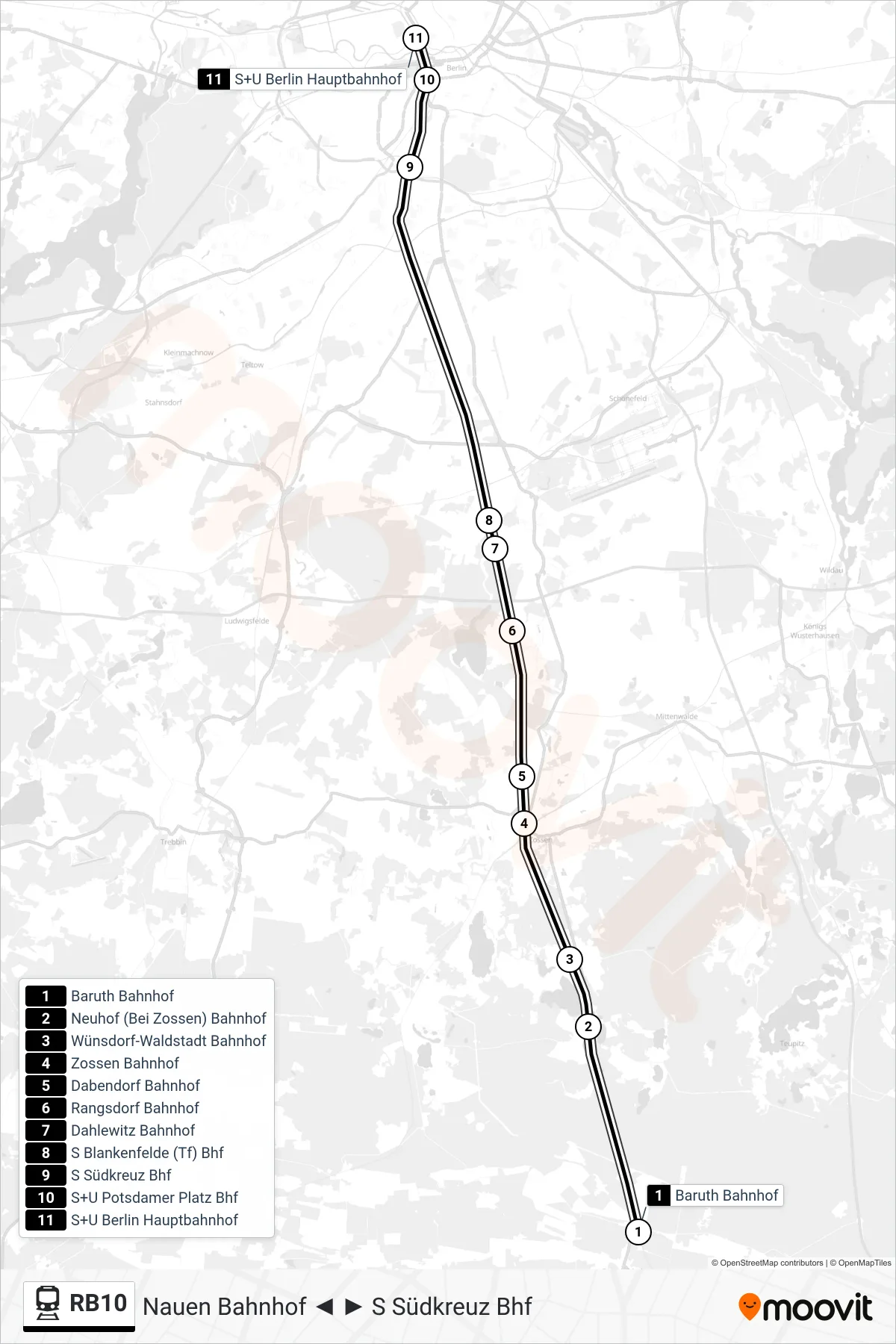 RB10 train Line (S+U Berlin Hauptbahnhof) route and stops on a map