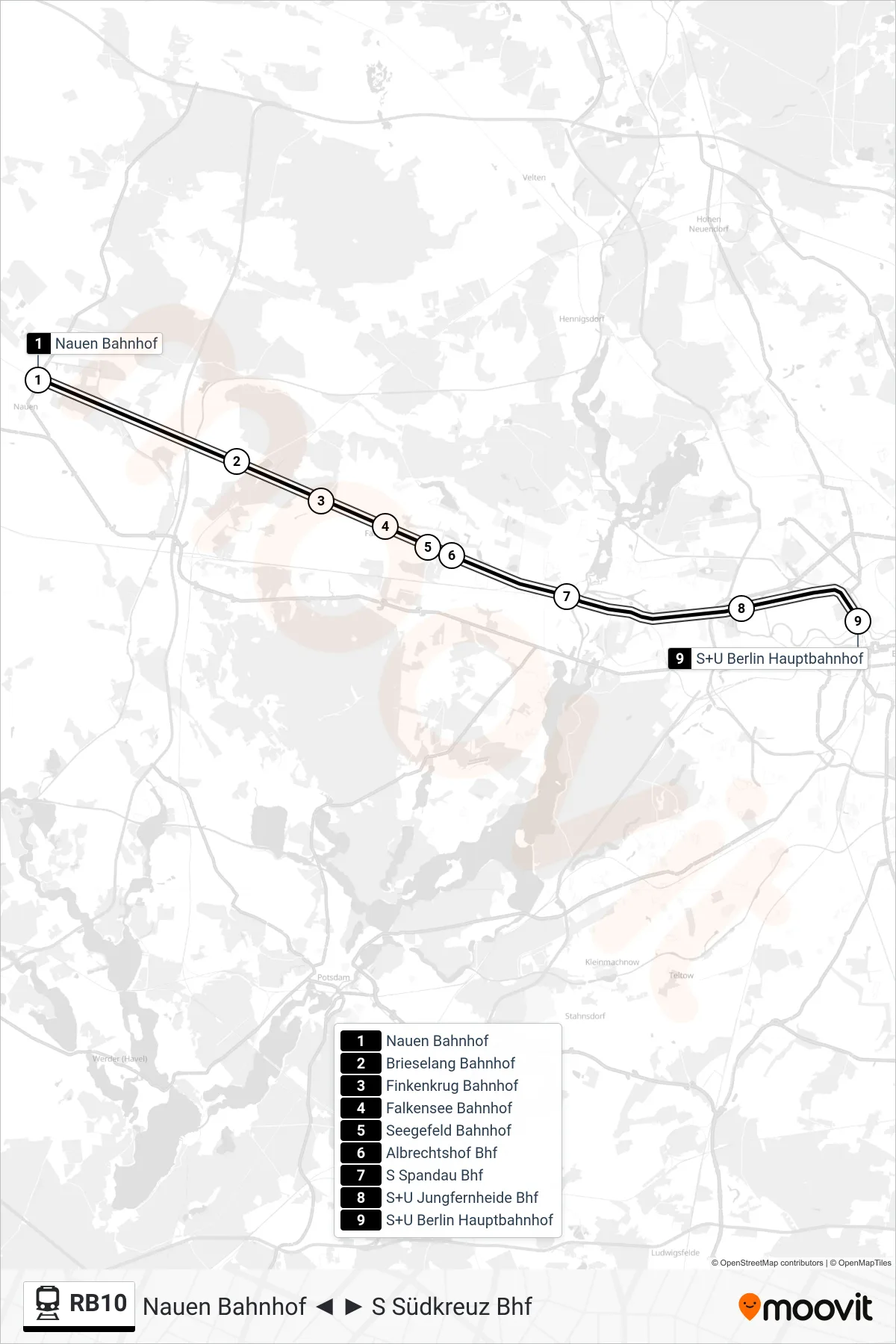 RB10 train Line (S+U Berlin Hauptbahnhof) route and stops on a map