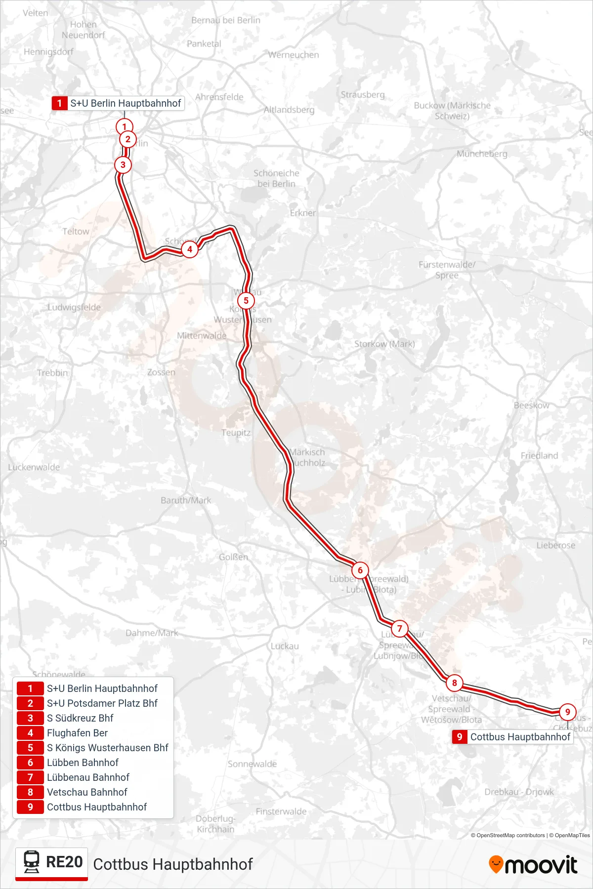 RE20 train Line (Cottbus Hauptbahnhof) route and stops on a map