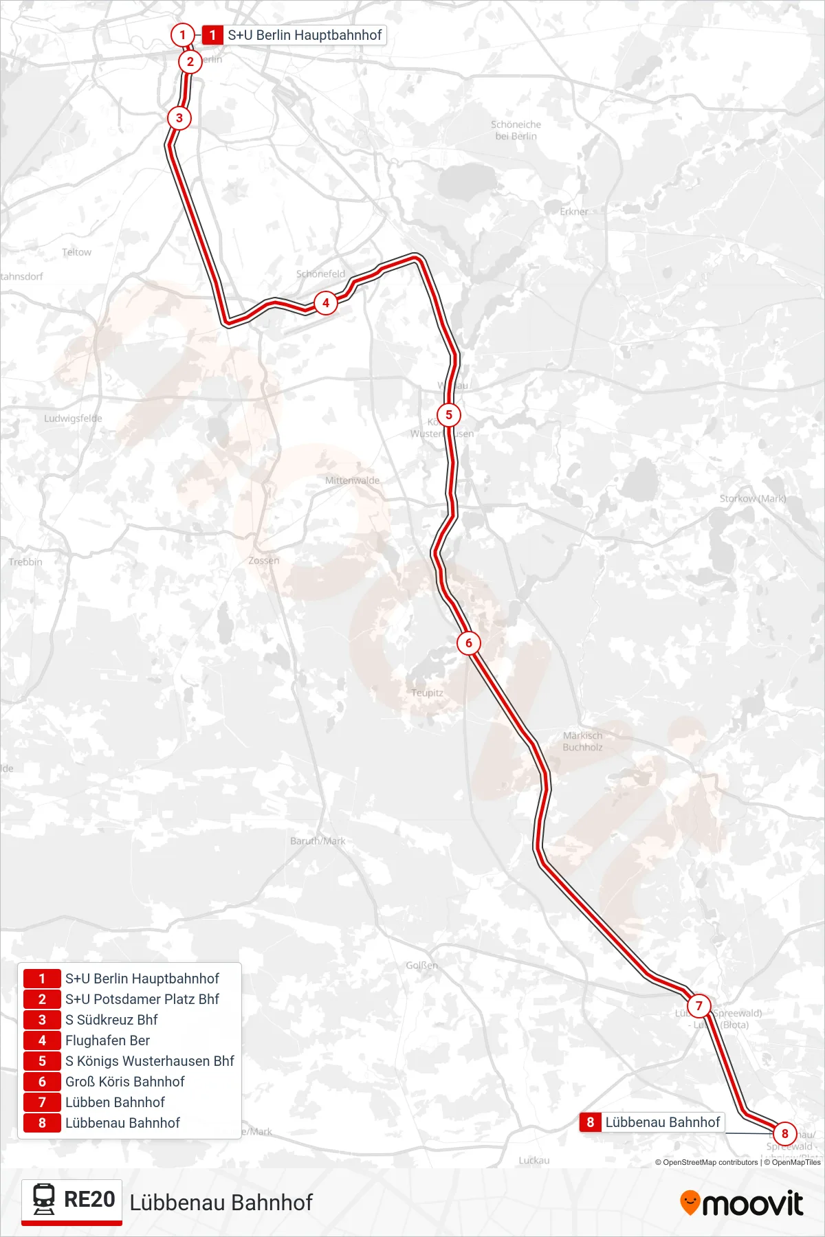 RE20 train Line (Lübbenau Bahnhof) route and stops on a map