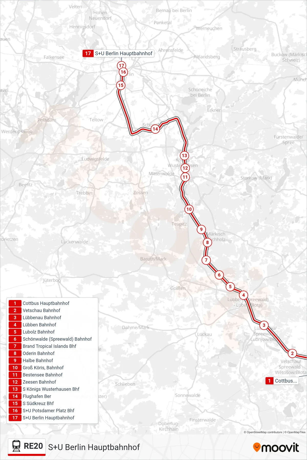 Linie RE20 (Bahn) Richtung S+U Berlin Hauptbahnhof: Route und Haltestellen auf der Karte