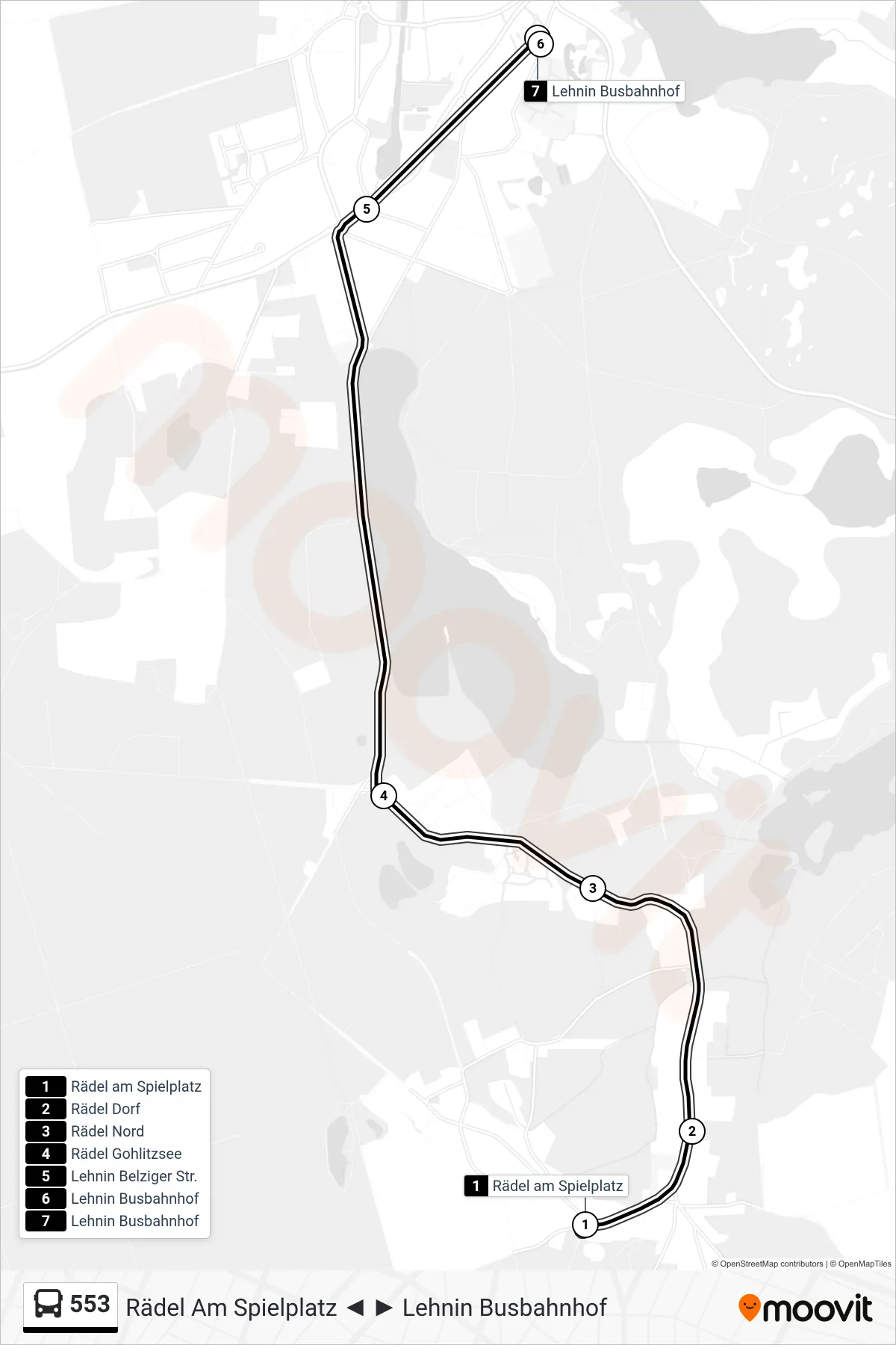 Linie 553 (Bus) Richtung Lehnin Busbahnhof: Route und Haltestellen auf der Karte