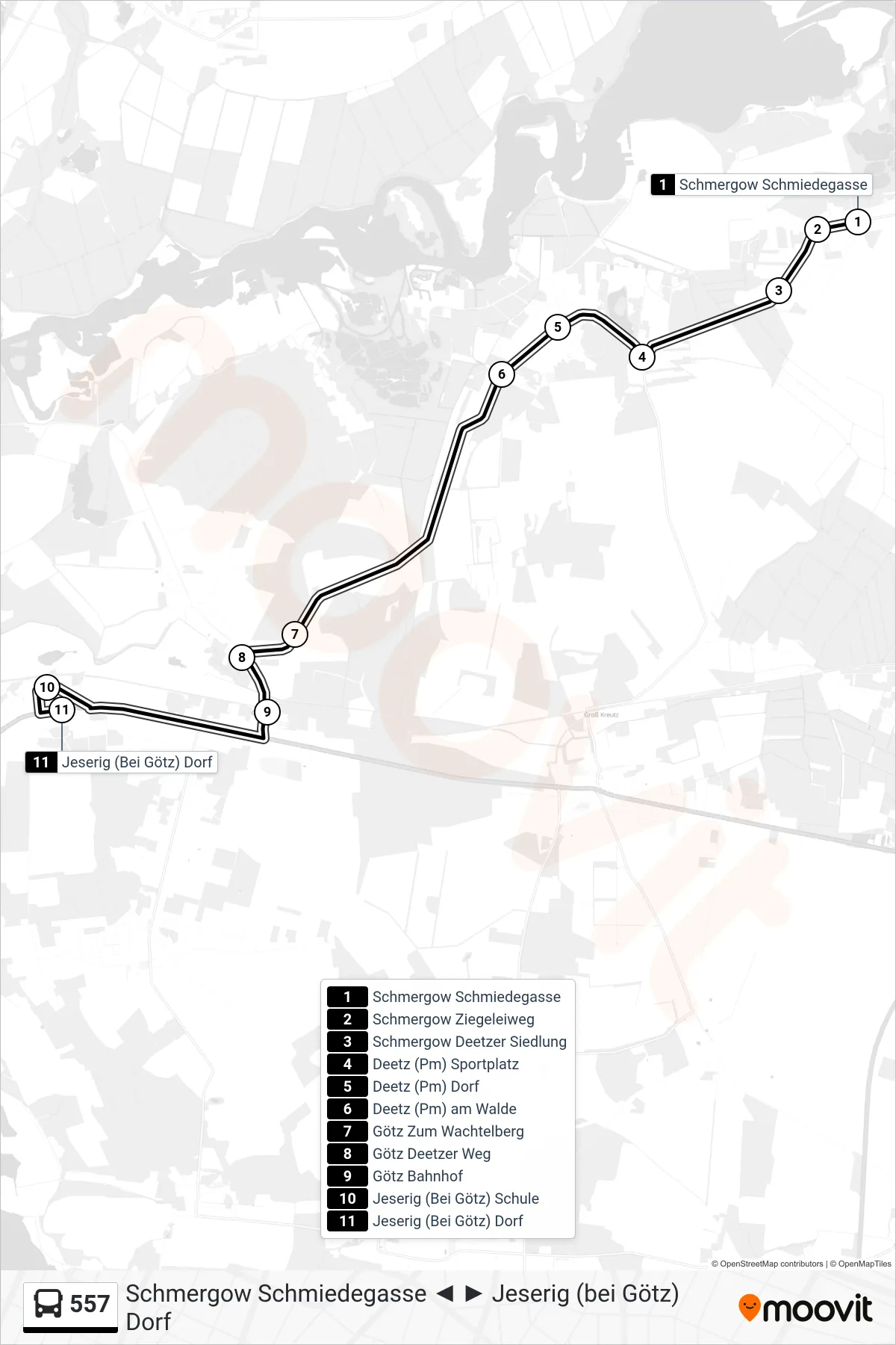 Linie 557 (Bus) Richtung Jeserig (Bei Götz) Dorf: Route und Haltestellen auf der Karte