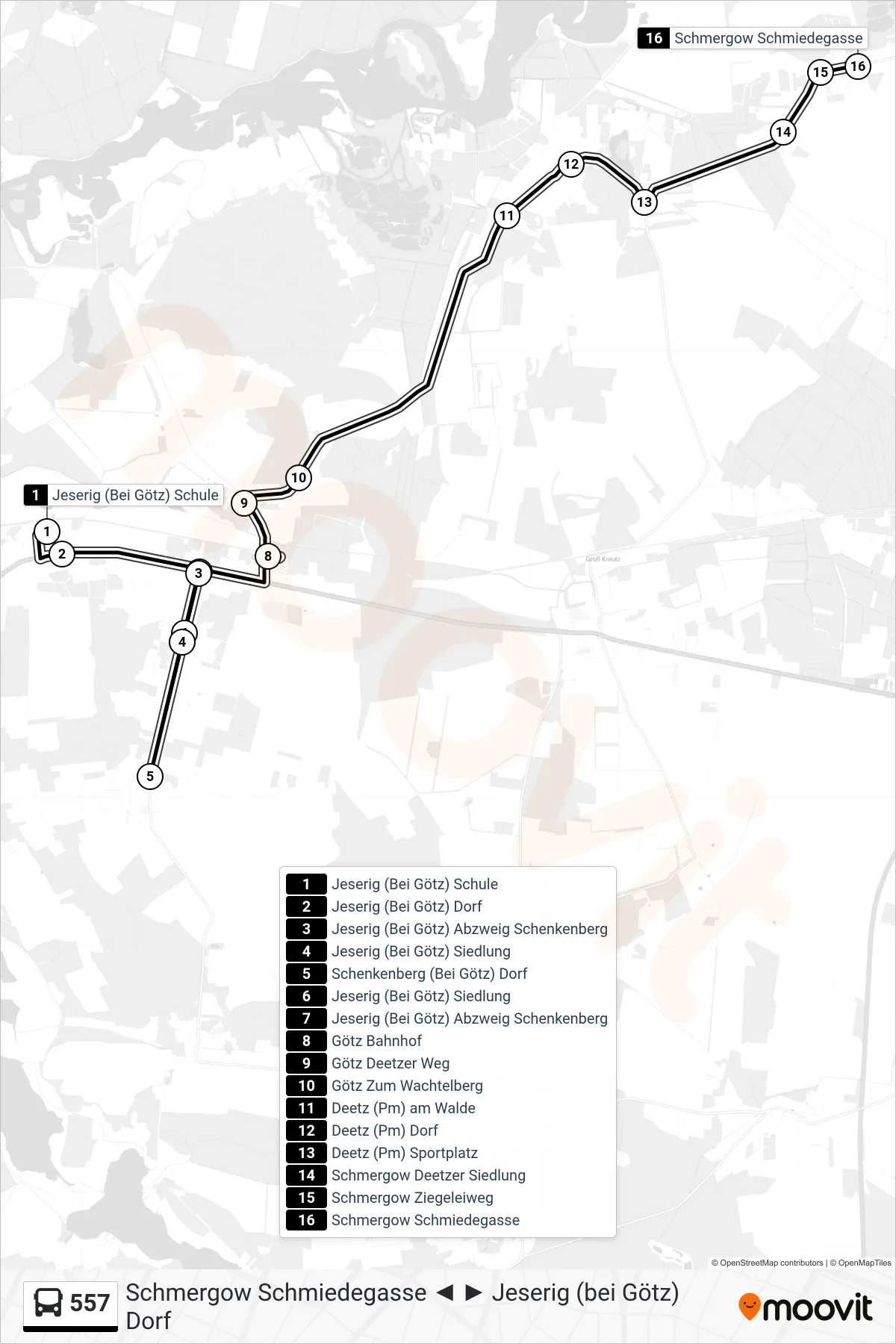 Linie 557 (Bus) Richtung Schmergow Schmiedegasse: Route und Haltestellen auf der Karte