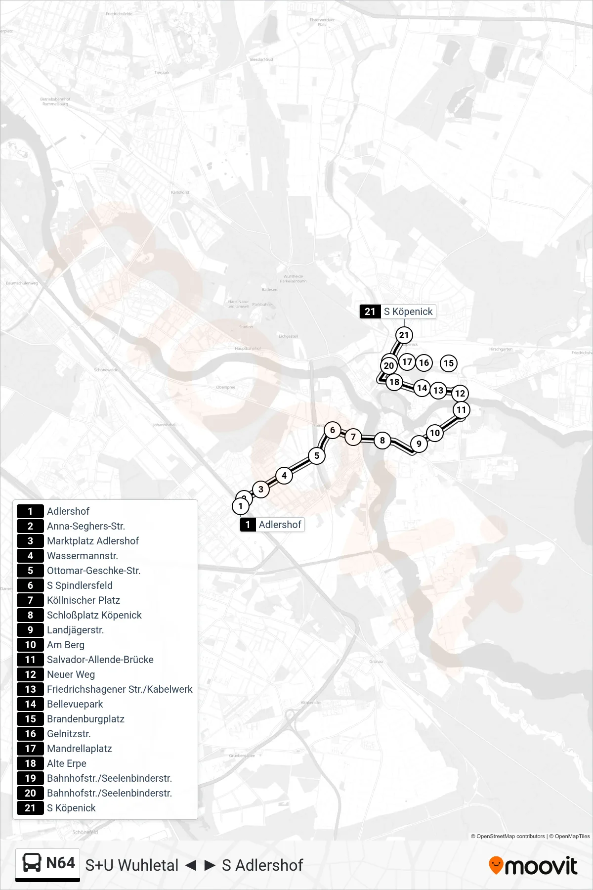 N64 bus Line (S Köpenick) route and stops on a map