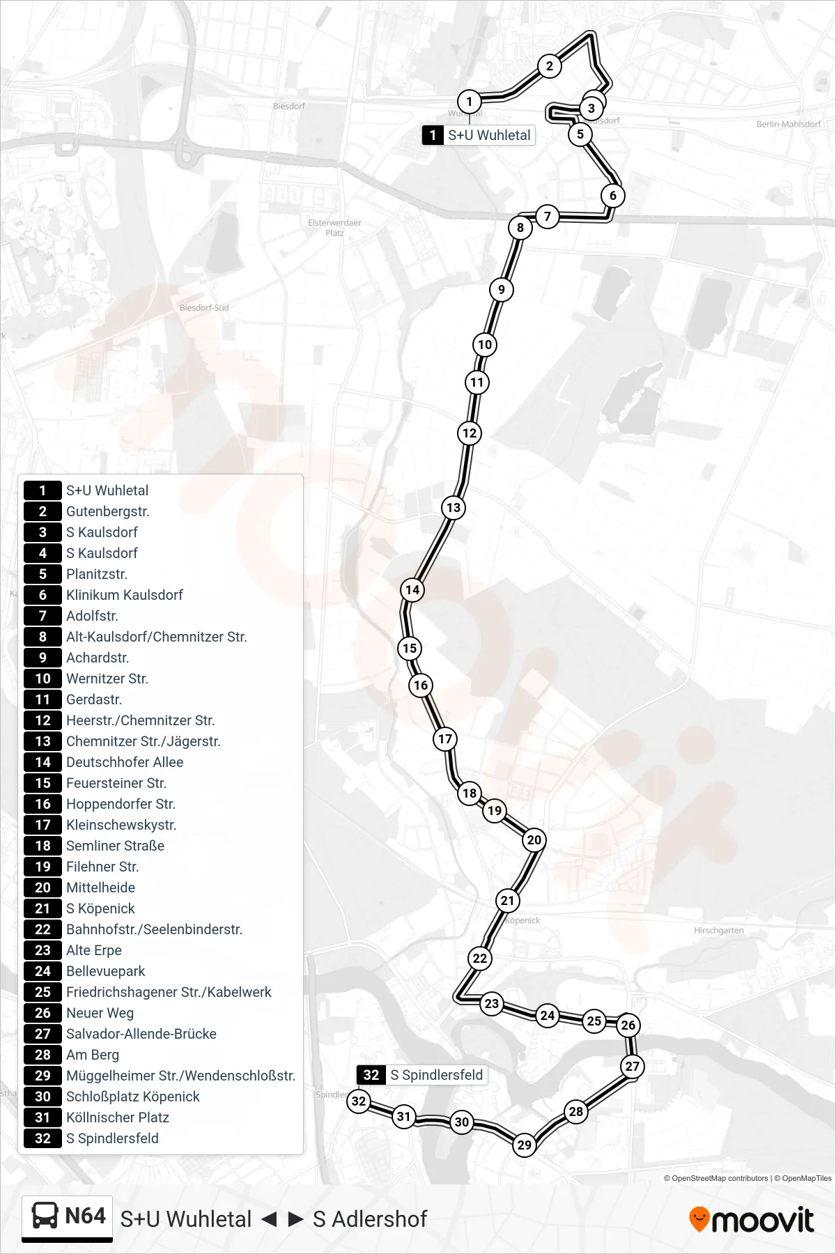 Linie N64 (Bus) Richtung S Spindlersfeld: Route und Haltestellen auf der Karte
