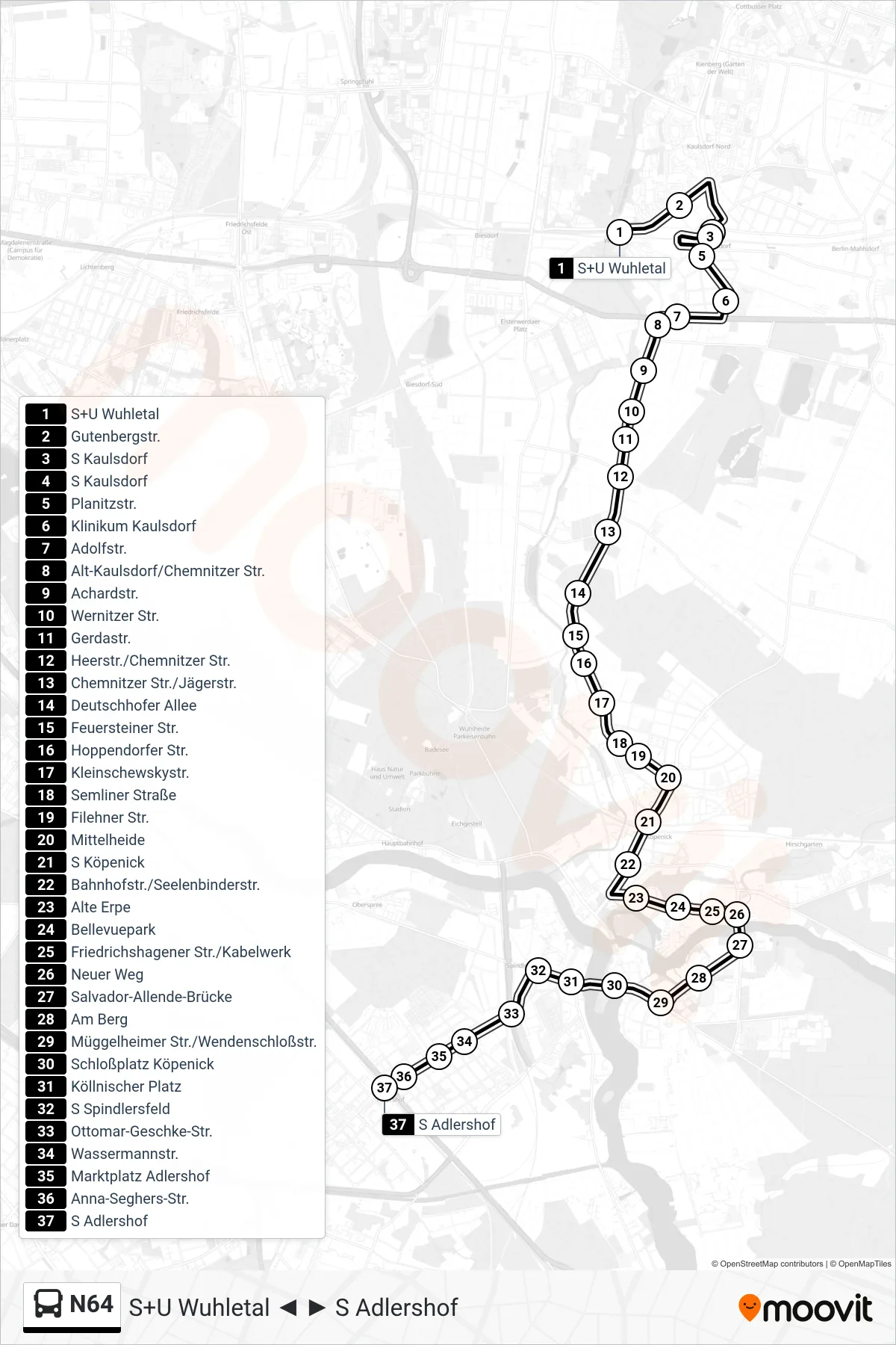 Linie N64 (Bus) Richtung S Adlershof: Route und Haltestellen auf der Karte