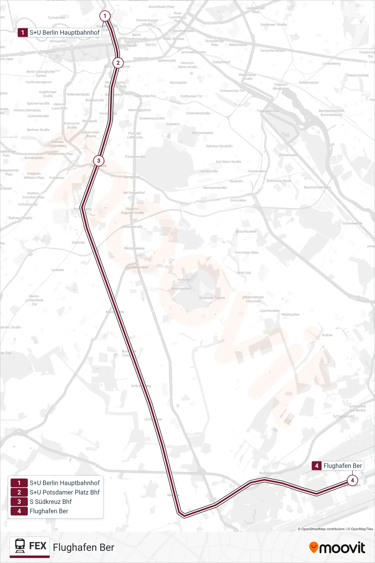 FEX train Line (Flughafen Ber) route and stops on a map