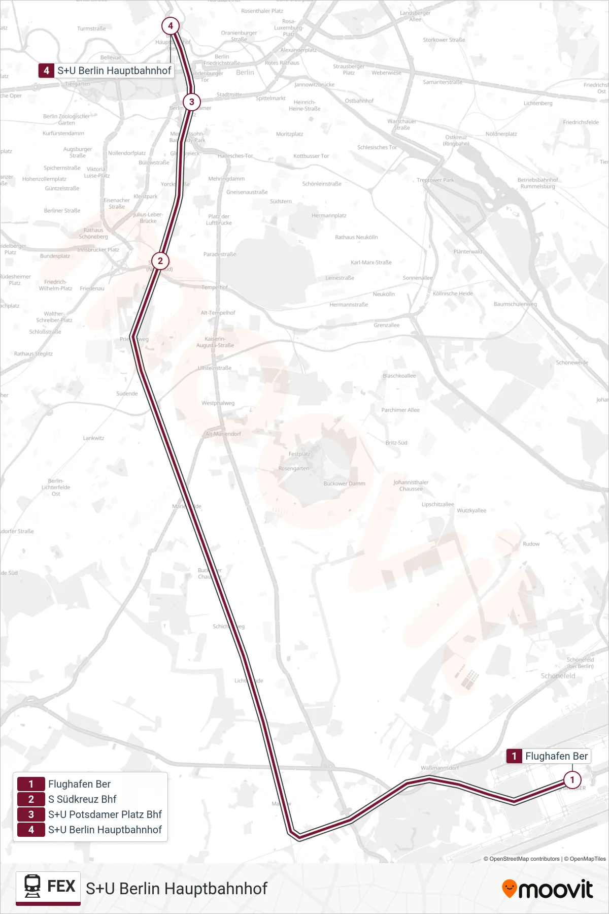 Linie FEX (Bahn) Richtung S+U Berlin Hauptbahnhof: Route und Haltestellen auf der Karte