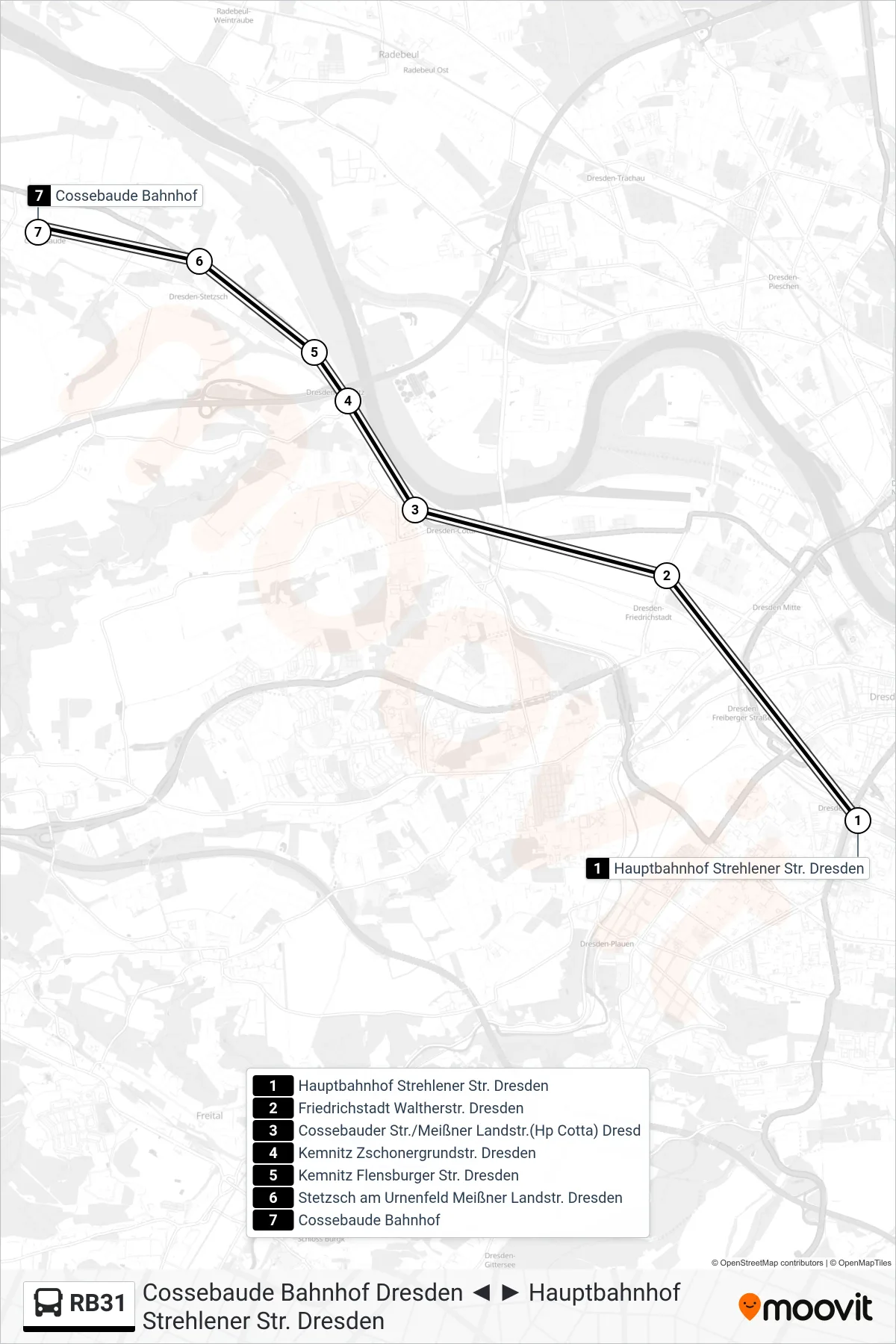 RB31 bus Line (Cossebaude Bahnhof Dresden) route and stops on a map