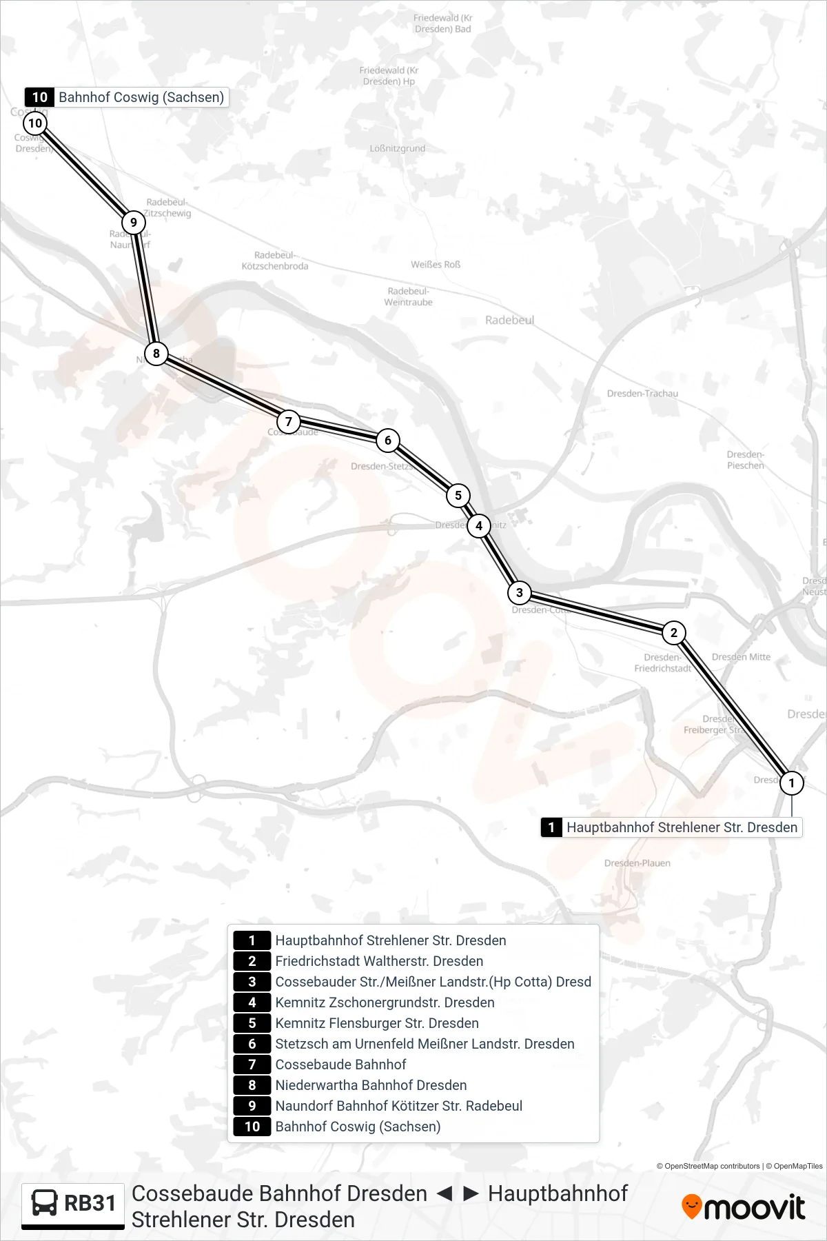 Linie RB31 (Bus) Richtung Bahnhof Coswig (Sachsen): Route und Haltestellen auf der Karte