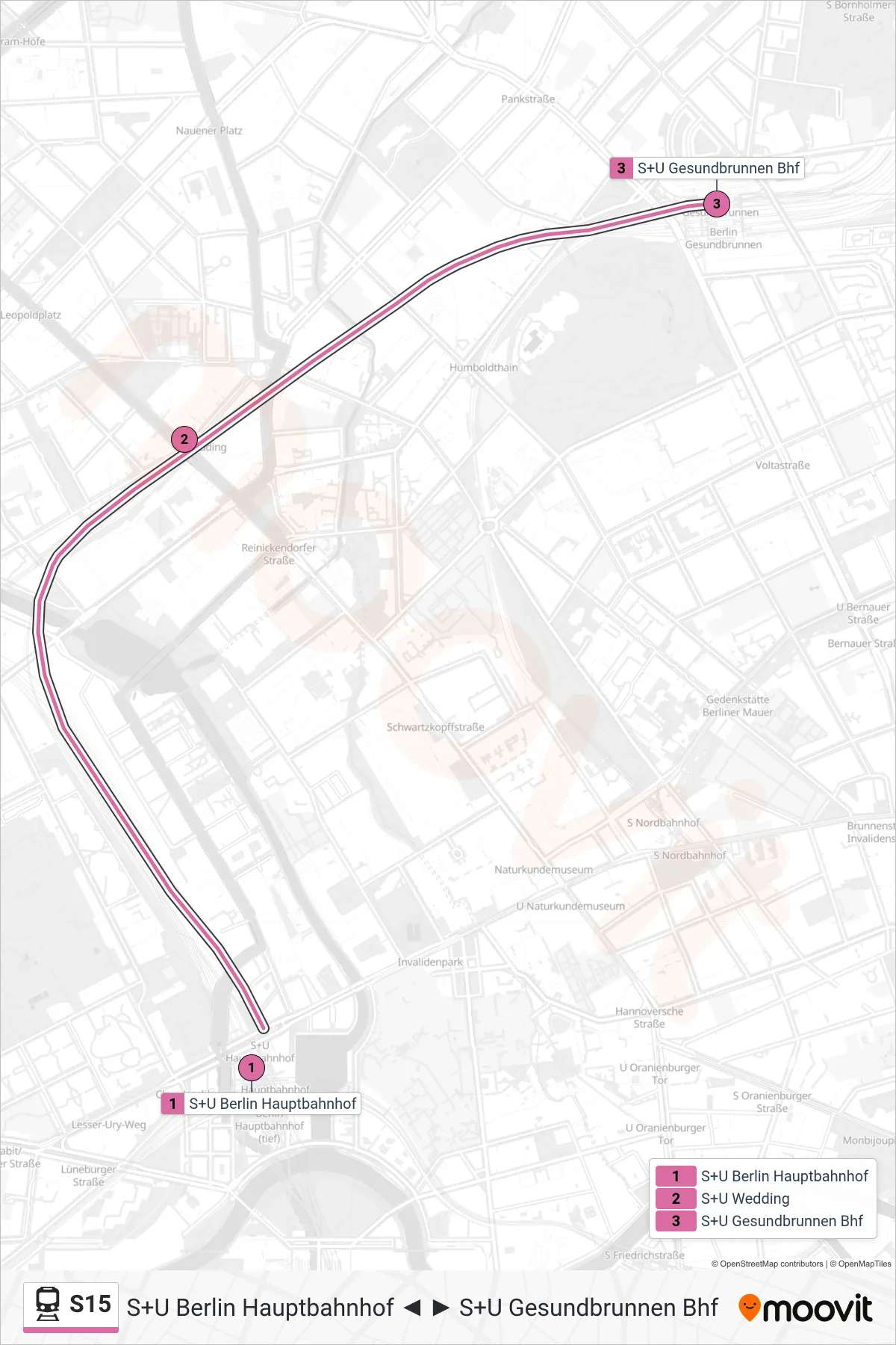 S15 rail Line (S+U Gesundbrunnen Bhf) route and stops on a map