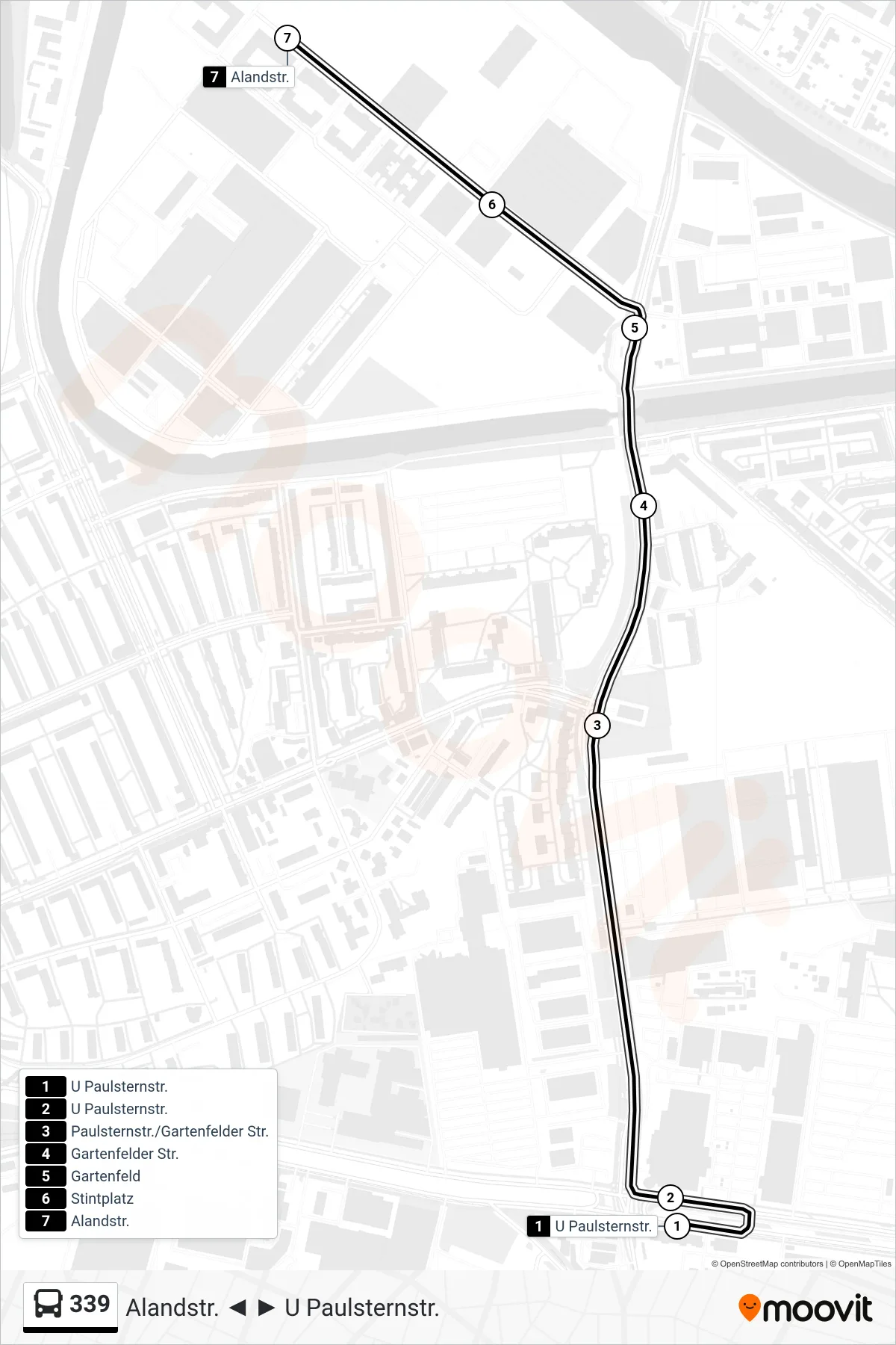 339 bus Line (Alandstr.) route and stops on a map