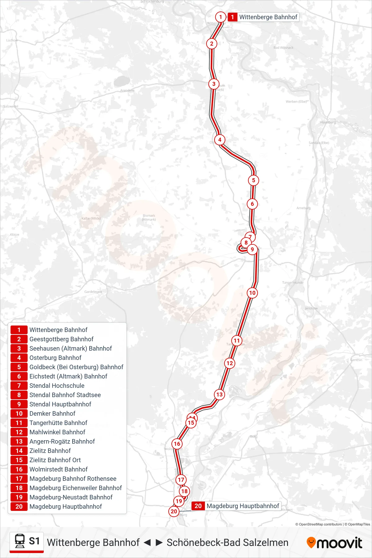 S1 rail Line (Magdeburg Hauptbahnhof) route and stops on a map