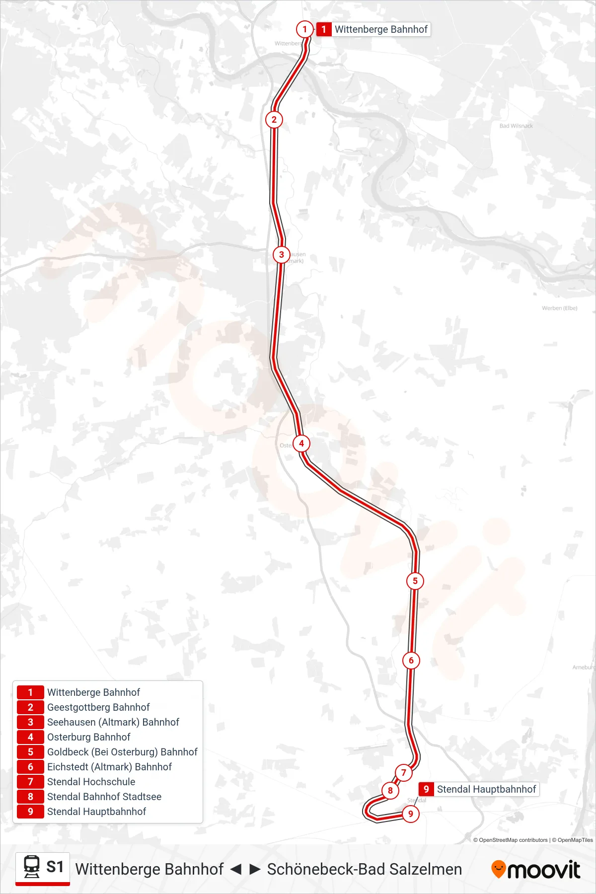 Linie S1 (Bahn) Richtung Stendal Hauptbahnhof: Route und Haltestellen auf der Karte