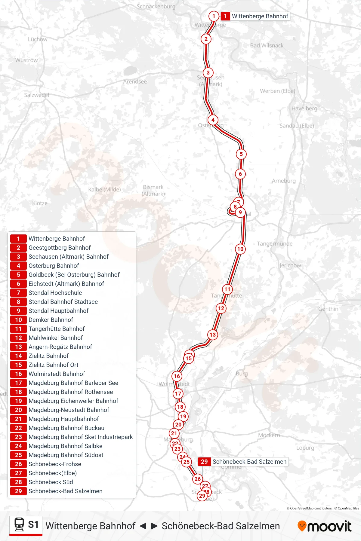 Linie S1 (Bahn) Richtung Schönebeck-Bad Salzelmen: Route und Haltestellen auf der Karte