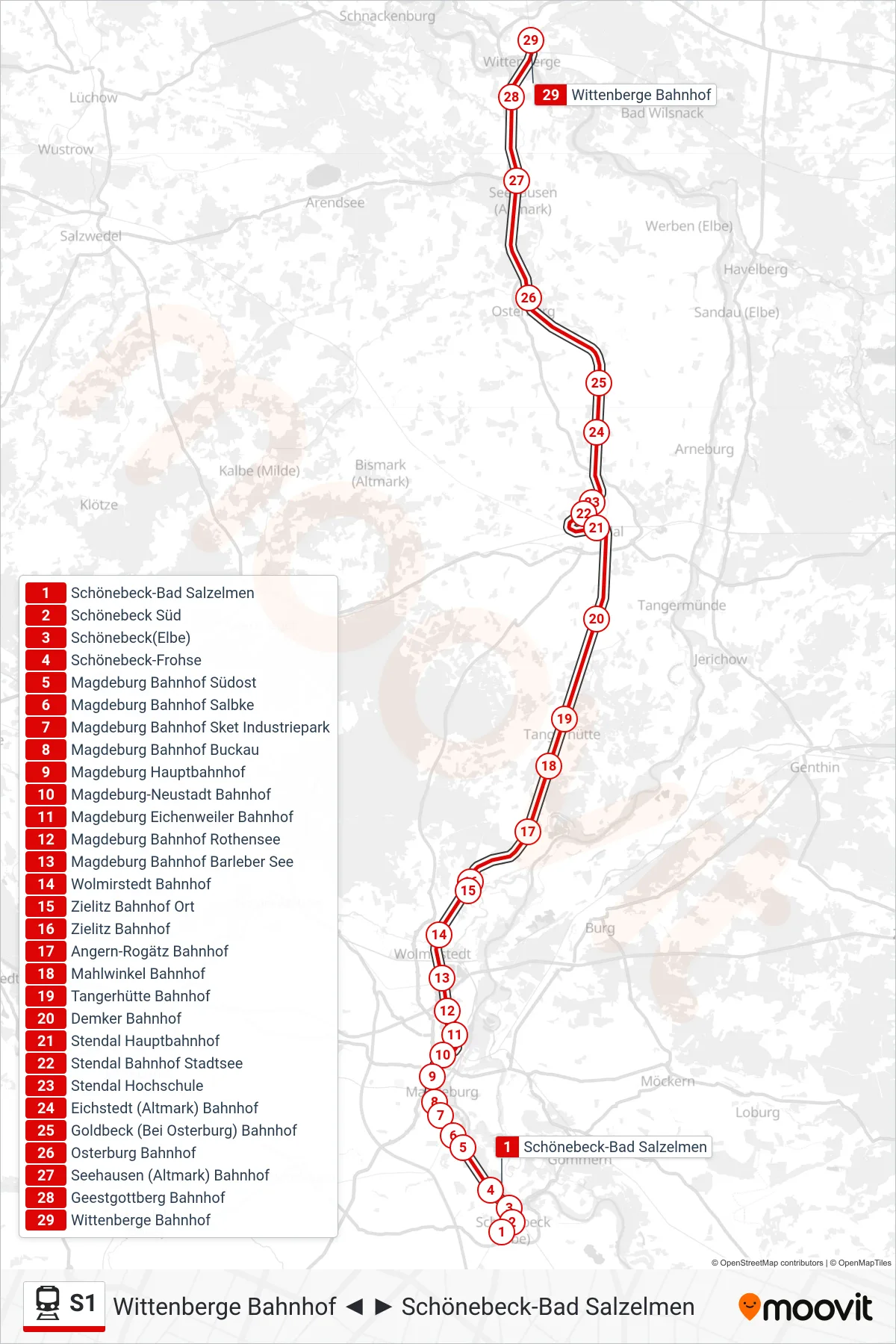 Linie S1 (Bahn) Richtung Wittenberge Bahnhof: Route und Haltestellen auf der Karte