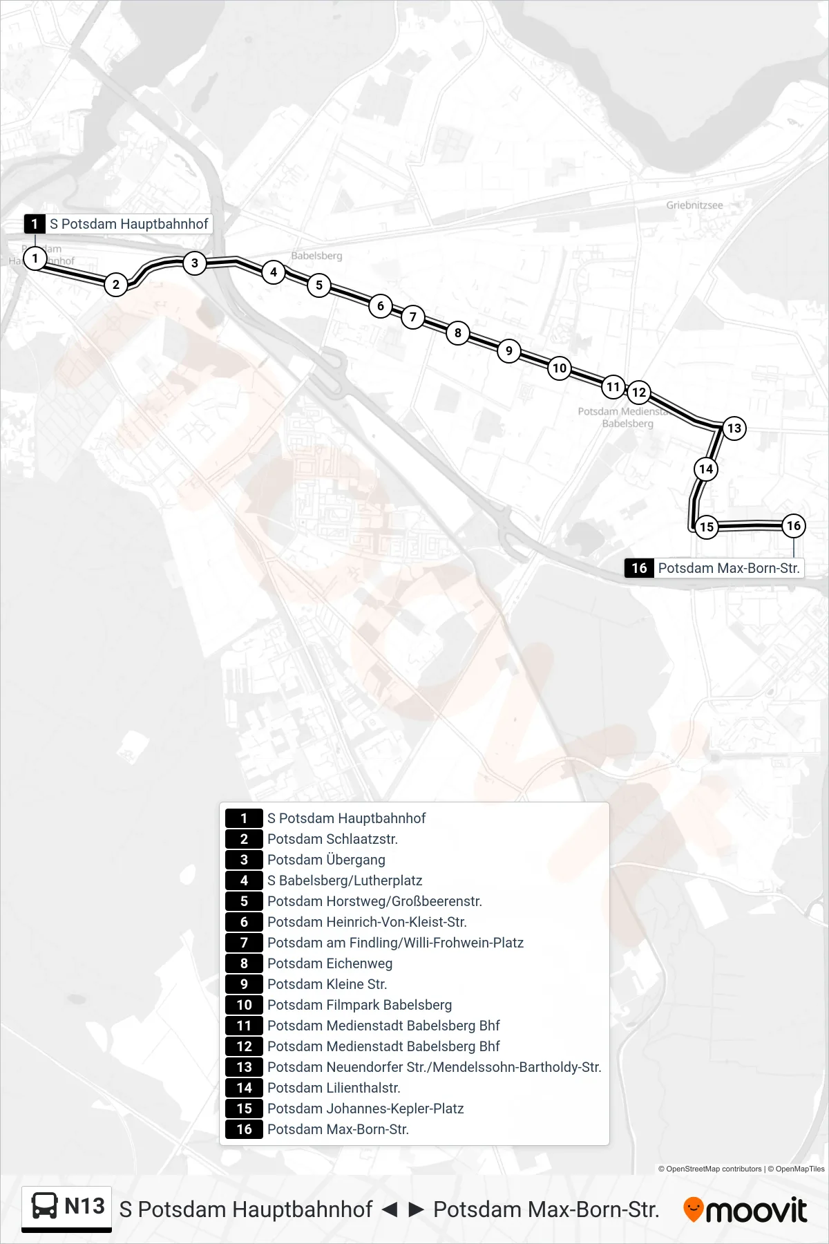 Linie N13 (Bus) Richtung Potsdam Max-Born-Str.: Route und Haltestellen auf der Karte