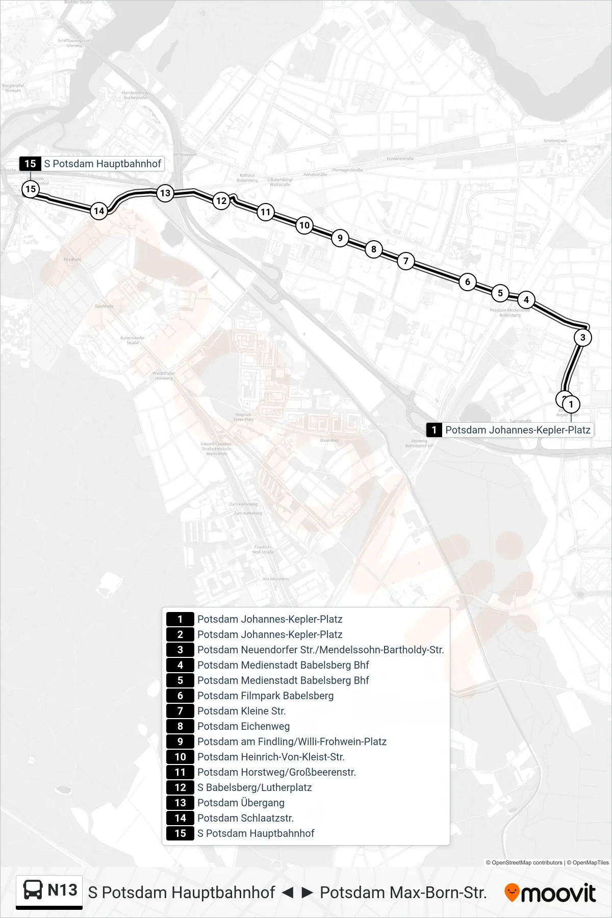 N13 bus Line (S Potsdam Hauptbahnhof) route and stops on a map