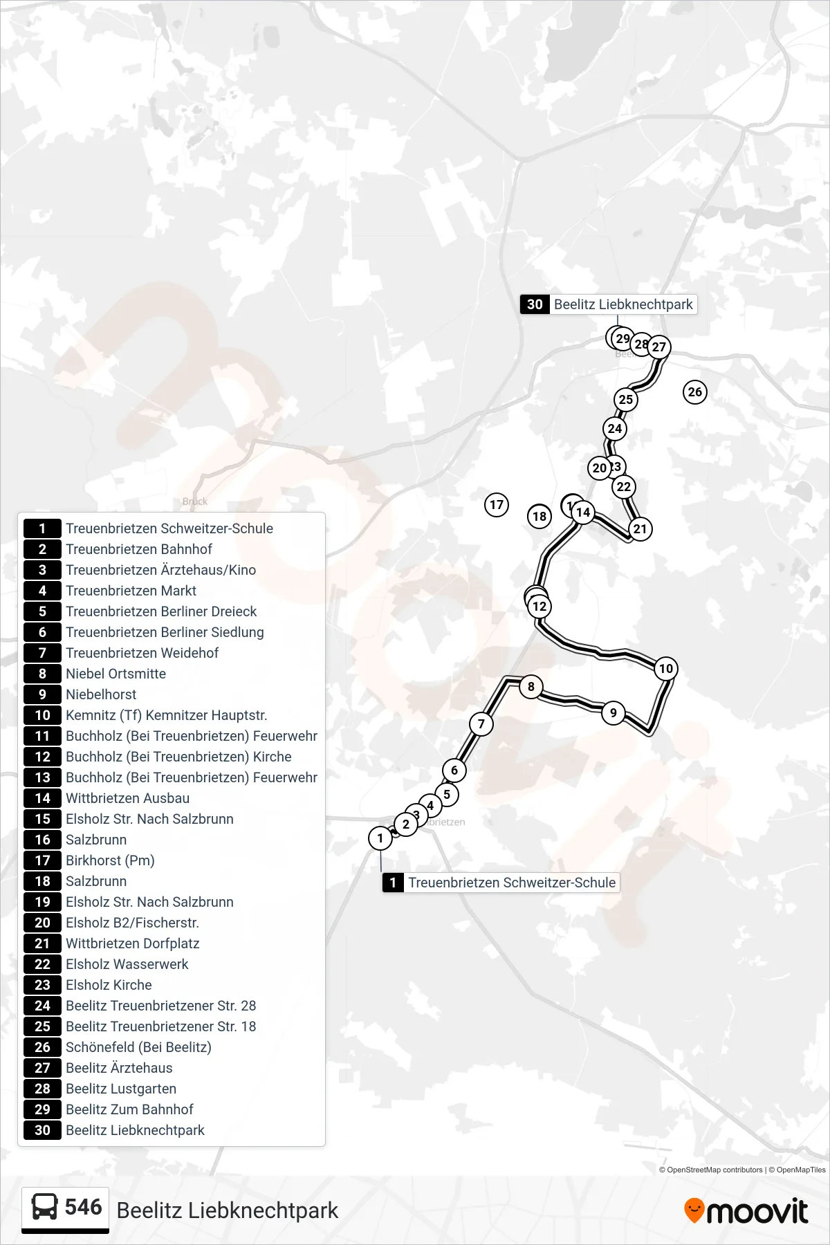 Linie 546 (Bus) Richtung Beelitz Liebknechtpark: Route und Haltestellen auf der Karte