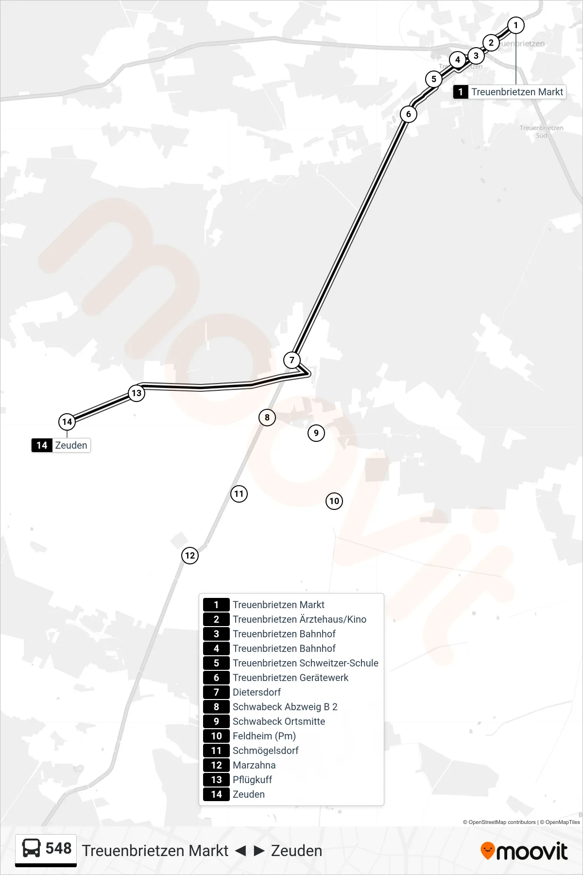 548 bus Line (Zeuden) route and stops on a map