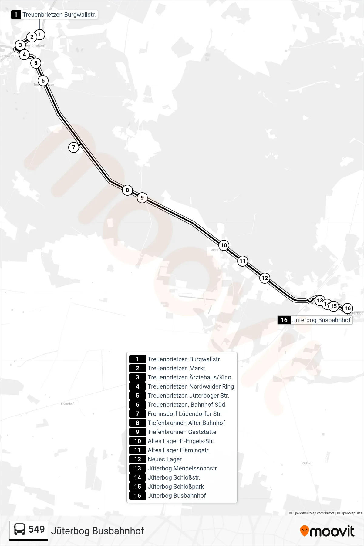 Linie 549 (Bus) Richtung Jüterbog Busbahnhof: Route und Haltestellen auf der Karte
