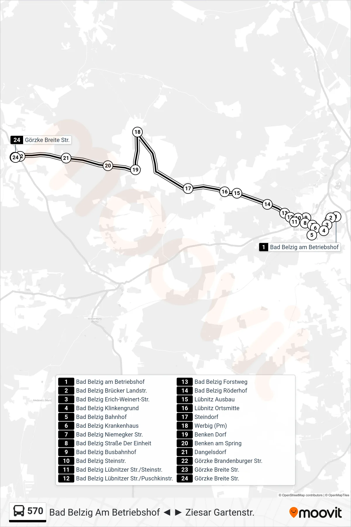 Linie 570 (Bus) Richtung Görzke Breite Str.: Route und Haltestellen auf der Karte