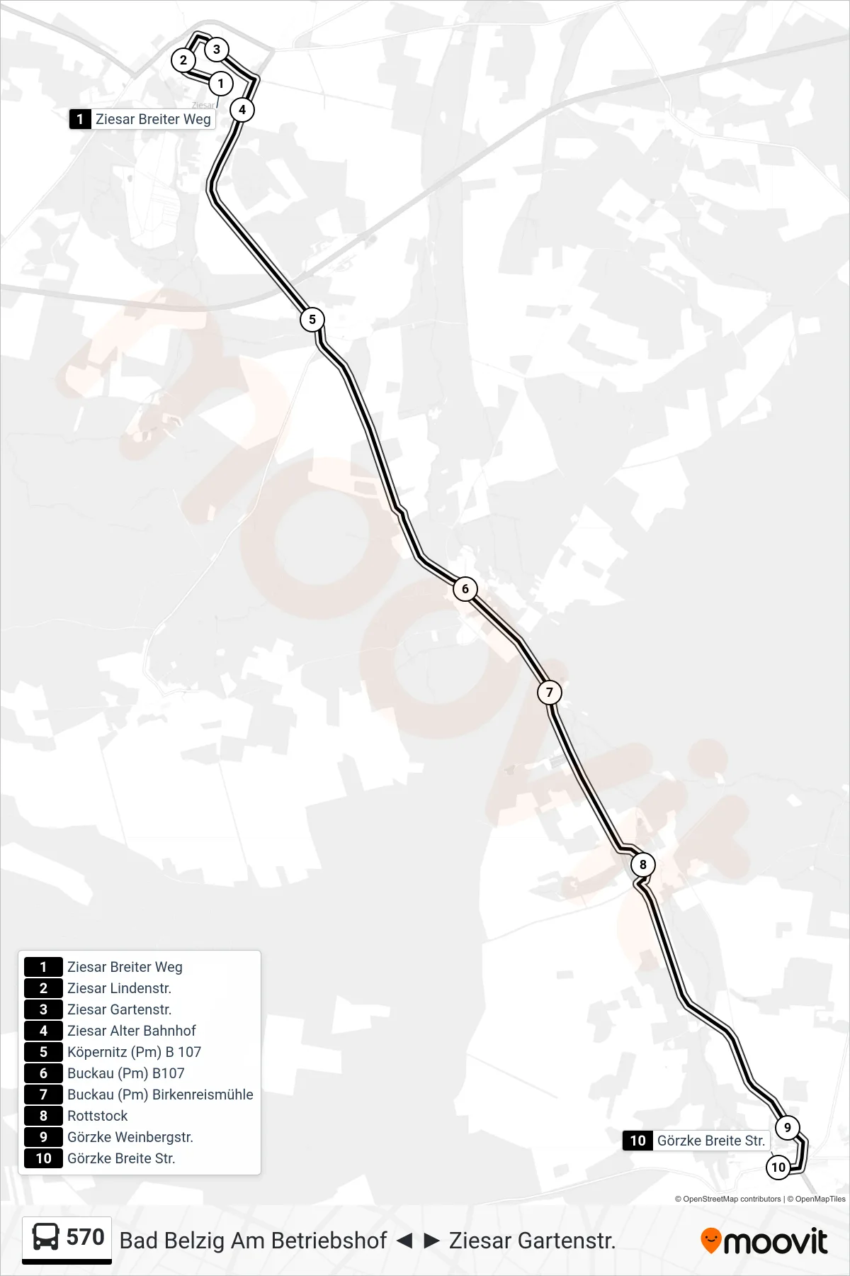 570 bus Line (Görzke Breite Str.) route and stops on a map