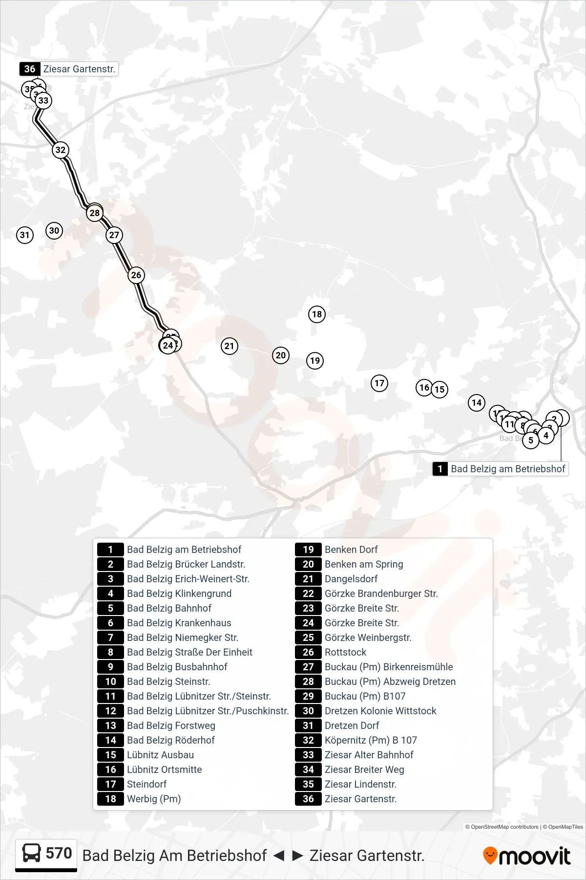 Linie 570 (Bus) Richtung Ziesar Gartenstr.: Route und Haltestellen auf der Karte