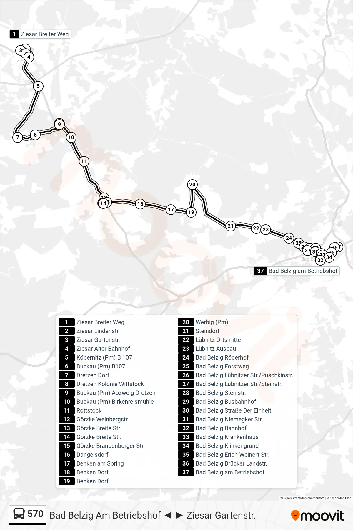Linie 570 (Bus) Richtung Bad Belzig am Betriebshof: Route und Haltestellen auf der Karte