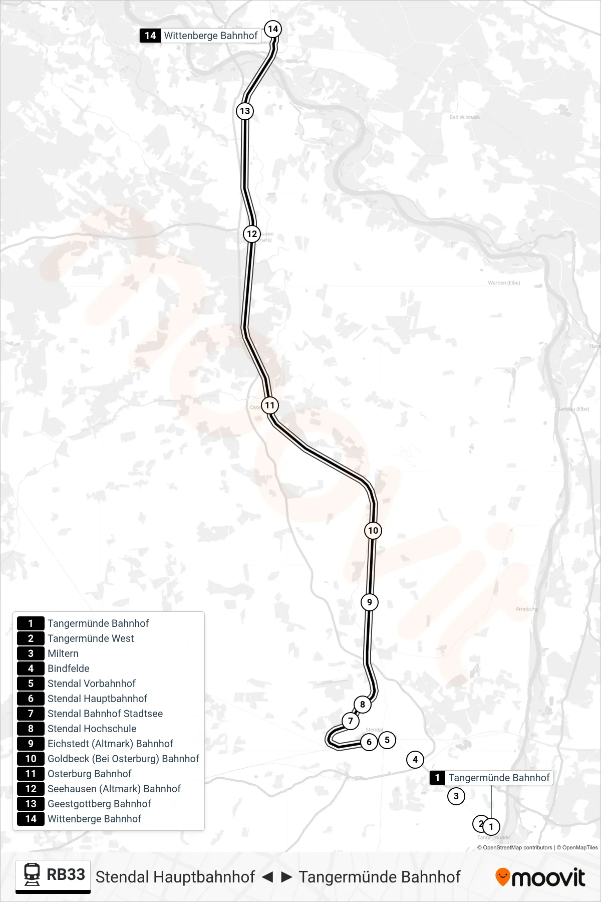 RB33 train Line (Wittenberge Bahnhof) route and stops on a map