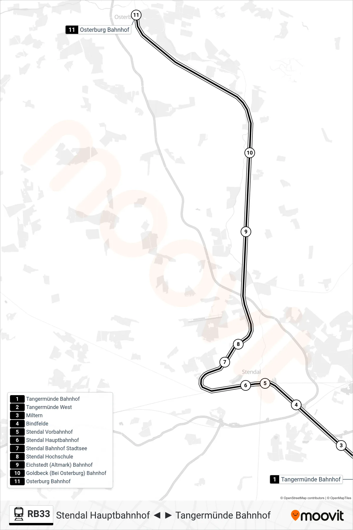 Linie RB33 (Bahn) Richtung Osterburg Bahnhof: Route und Haltestellen auf der Karte