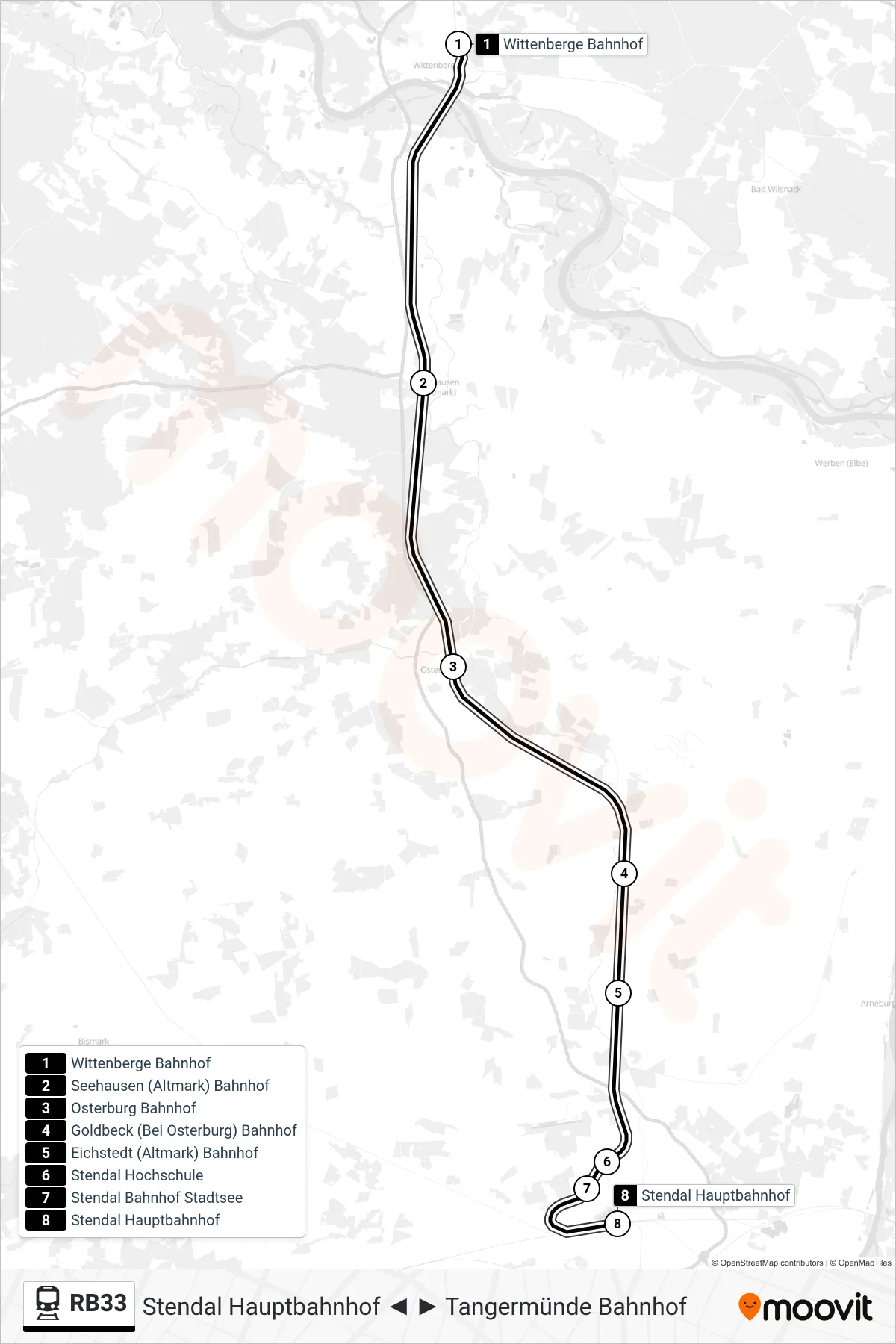 RB33 train Line (Stendal Hauptbahnhof) route and stops on a map