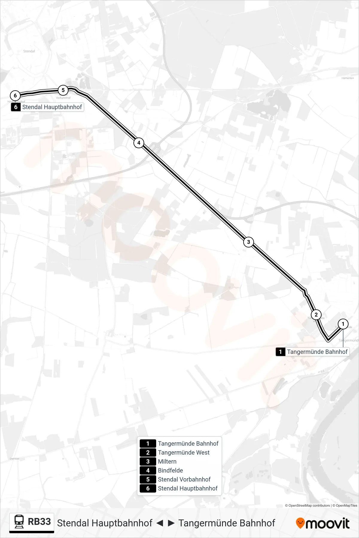 Linie RB33 (Bahn) Richtung Stendal Hauptbahnhof: Route und Haltestellen auf der Karte