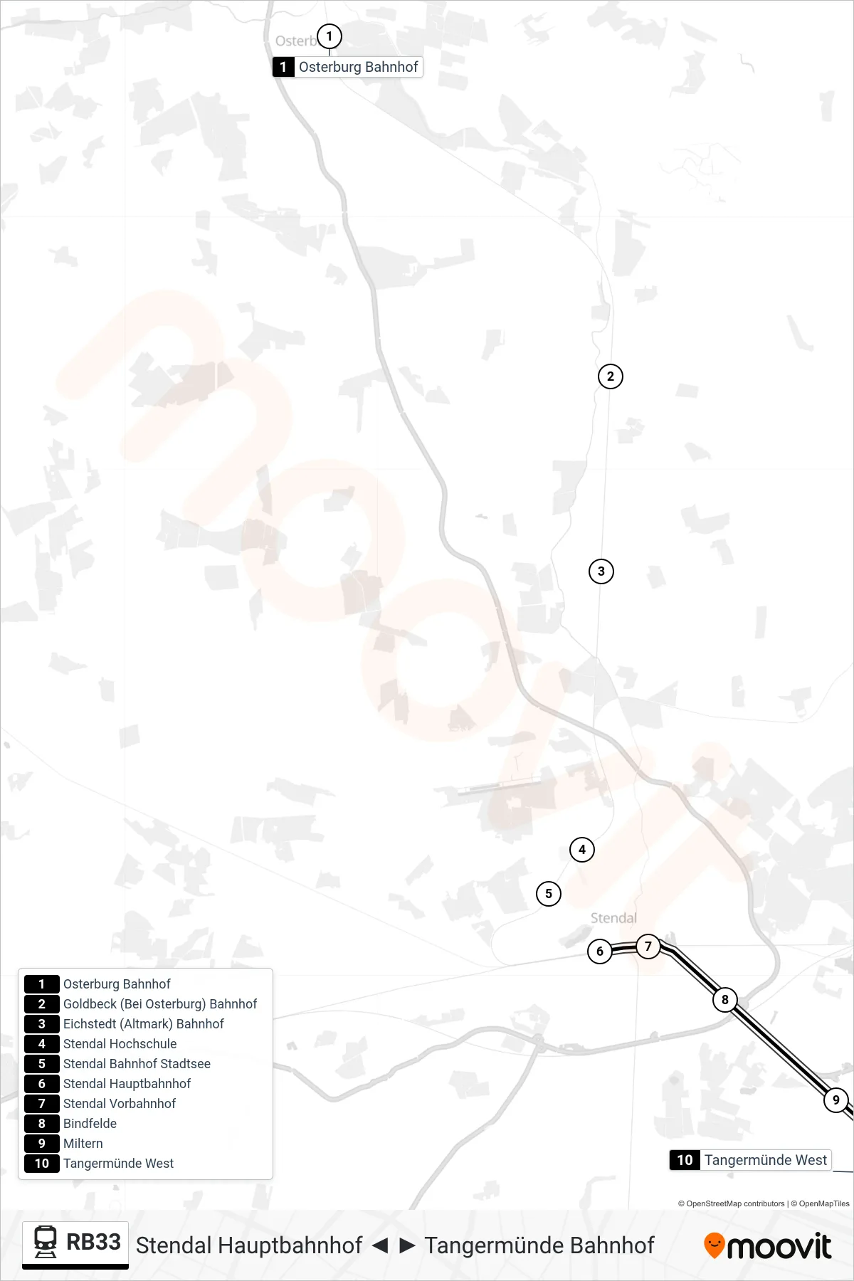 RB33 train Line (Tangermünde West) route and stops on a map