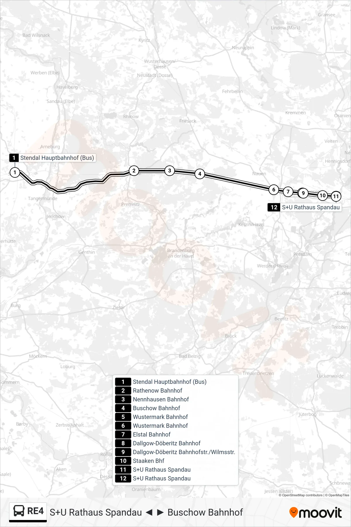 RE4 bus Line (S+U Rathaus Spandau) route and stops on a map