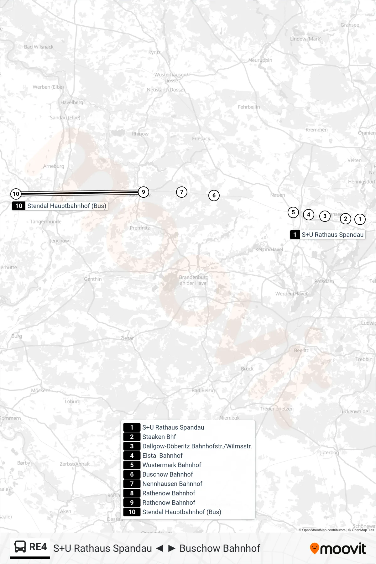 RE4 bus Line (Stendal Hauptbahnhof (Bus)) route and stops on a map