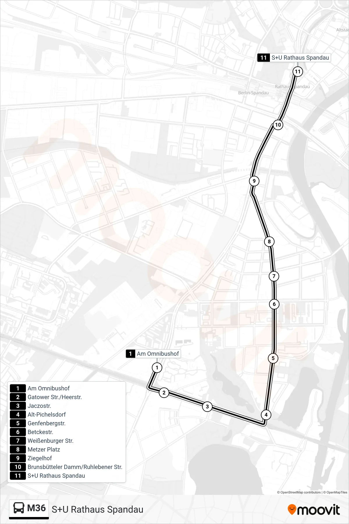 M36 bus Line (S+U Rathaus Spandau) route and stops on a map