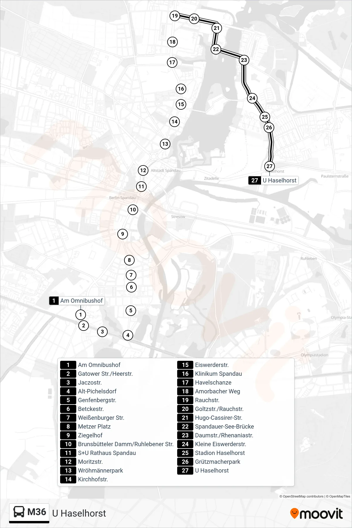 M36 bus Line (U Haselhorst) route and stops on a map