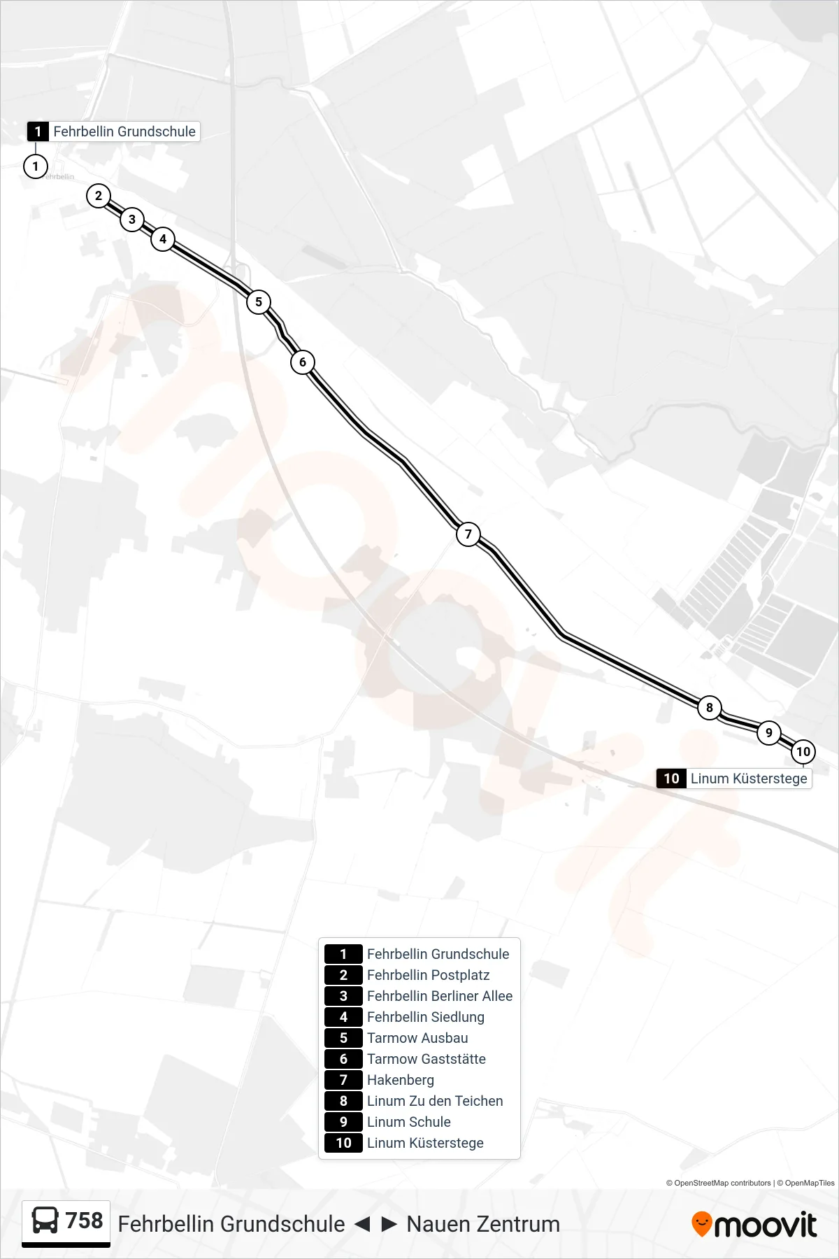 Linie 758 (Bus) Richtung Linum Küsterstege: Route und Haltestellen auf der Karte