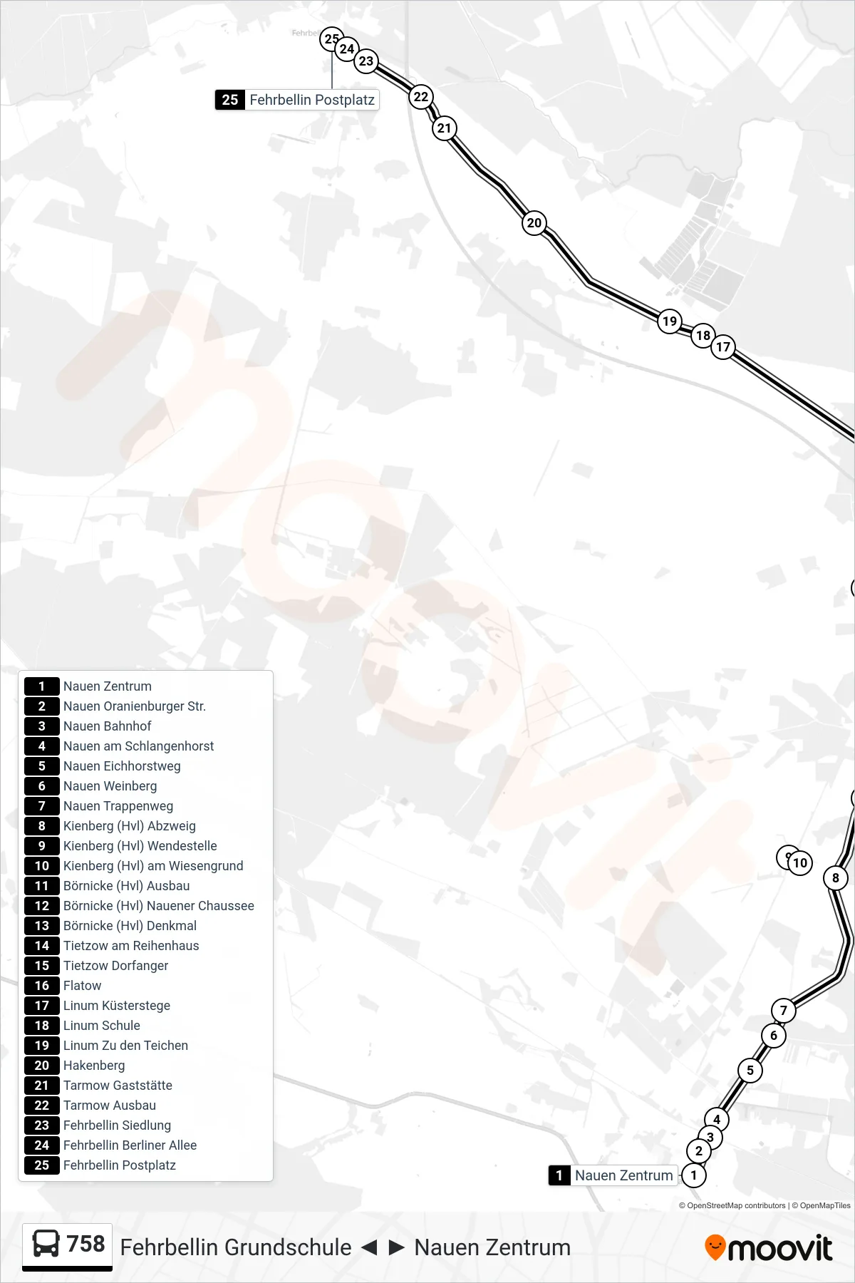 Linie 758 (Bus) Richtung Fehrbellin Postplatz: Route und Haltestellen auf der Karte