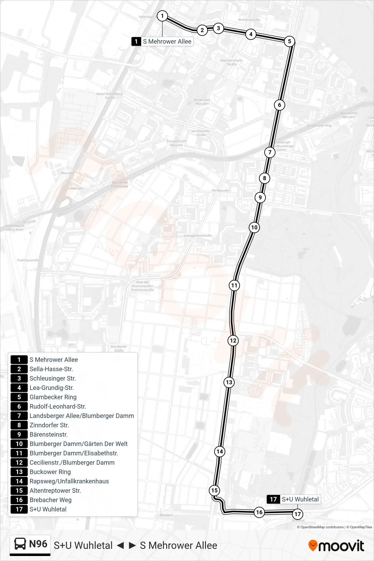 N96 bus Line (S+U Wuhletal) route and stops on a map