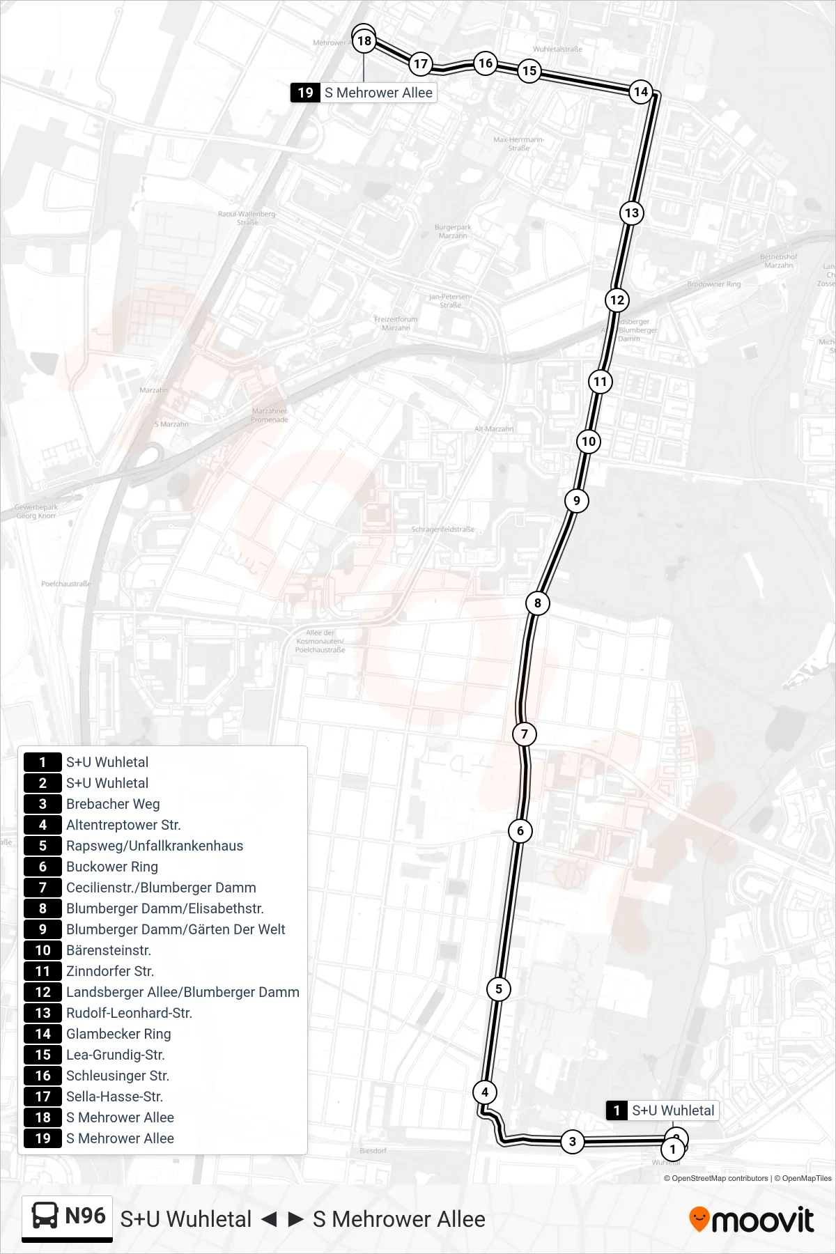 Linie N96 (Bus) Richtung S Mehrower Allee: Route und Haltestellen auf der Karte