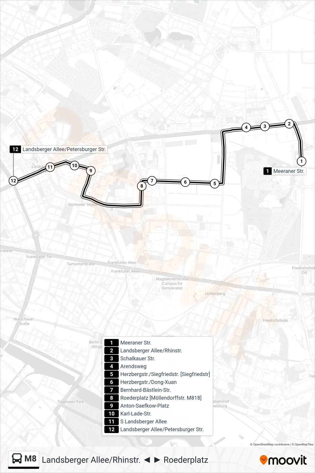 Linie M8 (Bus) Richtung Landsberger Allee/Petersburger Str.: Route und Haltestellen auf der Karte