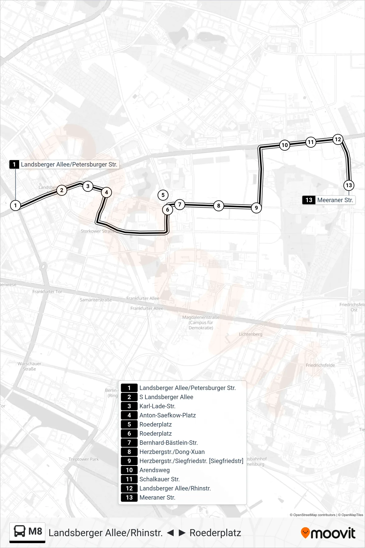 Linie M8 (Bus) Richtung Meeraner Str.: Route und Haltestellen auf der Karte