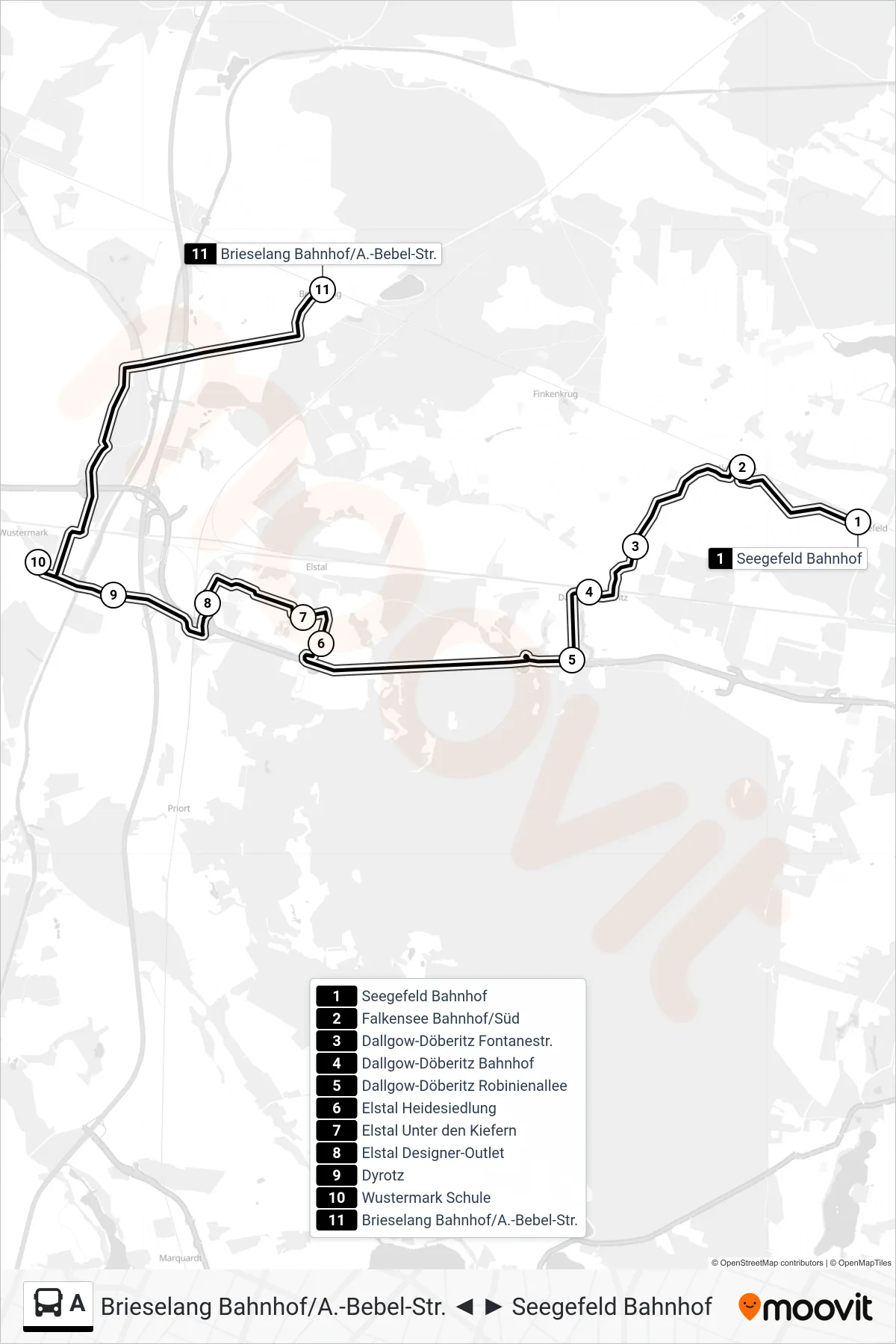 Linie A (Bus) Richtung Brieselang Bahnhof/A.-Bebel-Str.: Route und Haltestellen auf der Karte